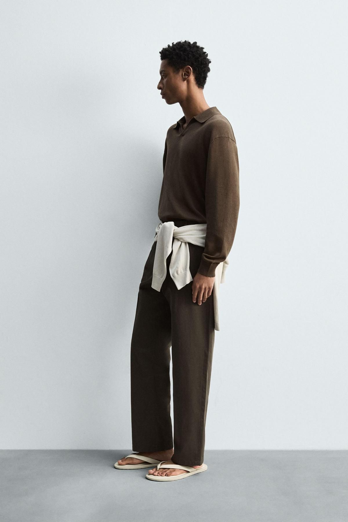 자라 브라운 코튼 헴프 레귤러핏 니트 긴팔 폴로셔츠 2893/305 BLACK / BROWN - 상세 이미지 5