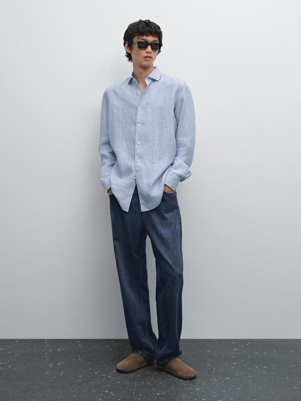 마시모두띠 리넨 스트라이프 레귤러핏 남성 긴팔 셔츠 0144/723 SKY BLUE - 상세 이미지 2