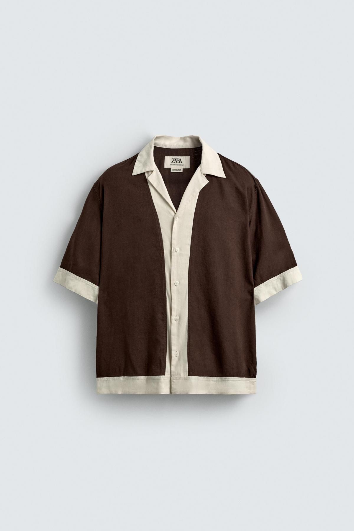 자라 릴렉스핏 비스코스 리넨 컬러블록 반팔 셔츠 1195/406 BROWN - 메인 이미지