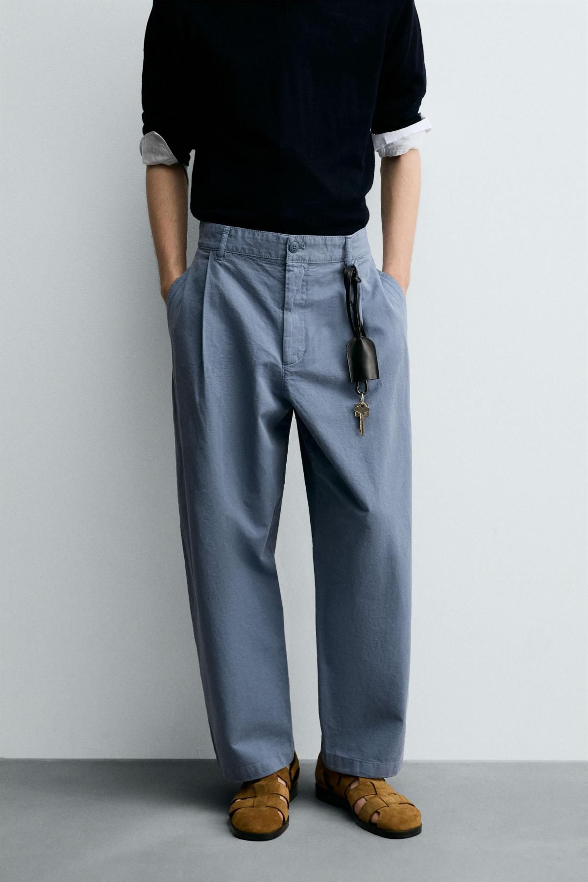 자라 테크니컬 와이드 배기핏 코튼 린넨 플리츠 팬츠 6861/966 GREY / BLUE - 메인 이미지