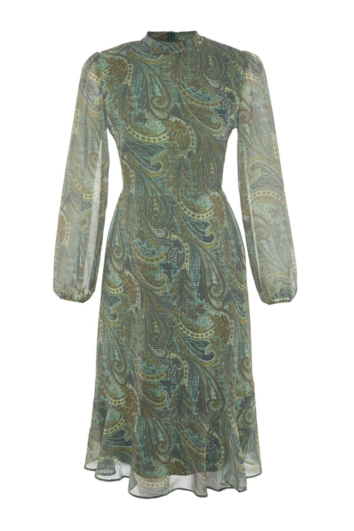 트렌디올 페이즐리 쉬폰 플레어 미디 원피스 9122128 VERDE - 상품 이미지