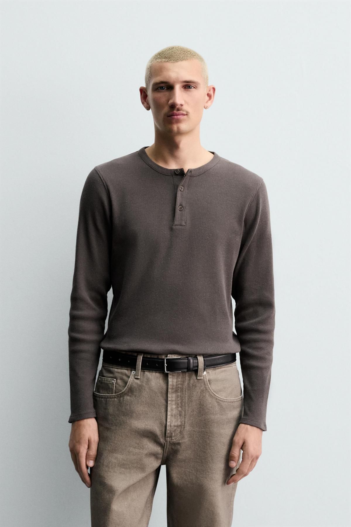자라 코튼 헴프 버튼넥 골지 긴팔 티셔츠 4161/303 EARTH - 상세 이미지 3