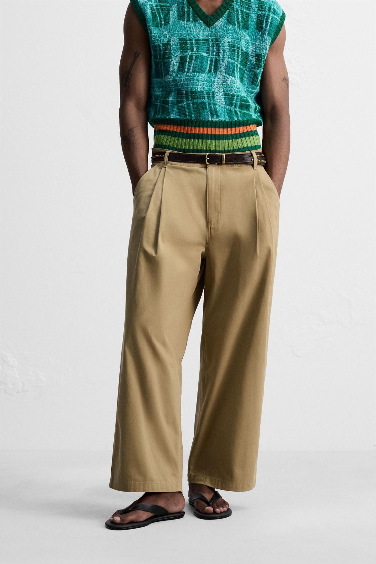 자라 테크니컬 코튼 플리츠 와이드 팬츠 1957/305 CAMEL - 상품 이미지