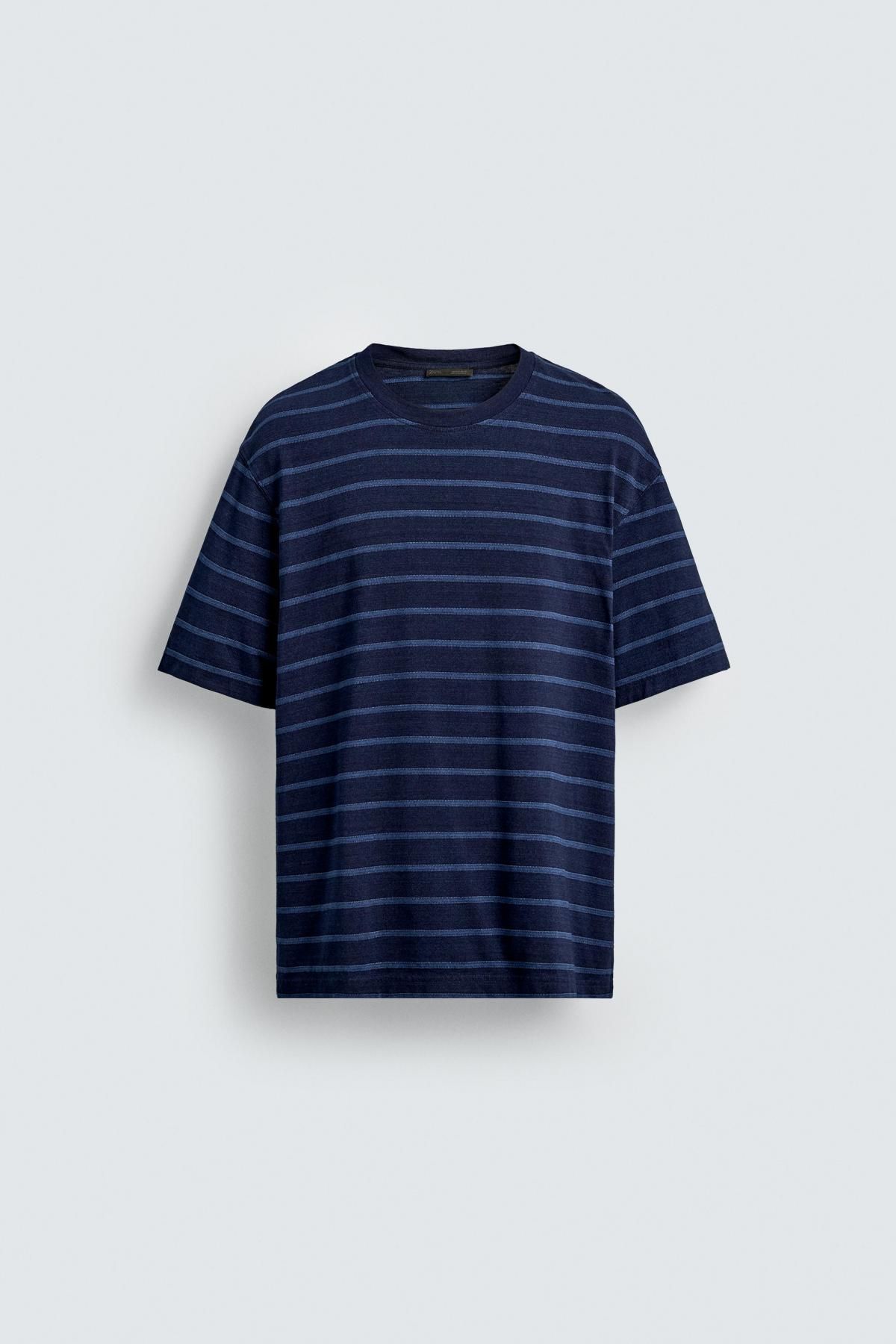 자라 테크니컬 스트라이프 자카드 네이비 반팔 티셔츠 4092/344 BLUE / INDIGO - 메인 이미지