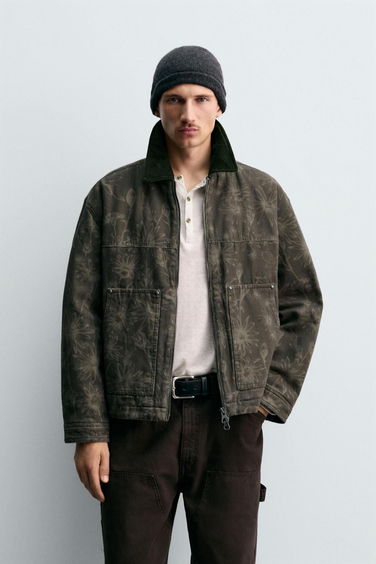 자라 플라워 프린트 코튼 크롭 재킷 3918/303 DARK KHAKI - 상세 이미지 3