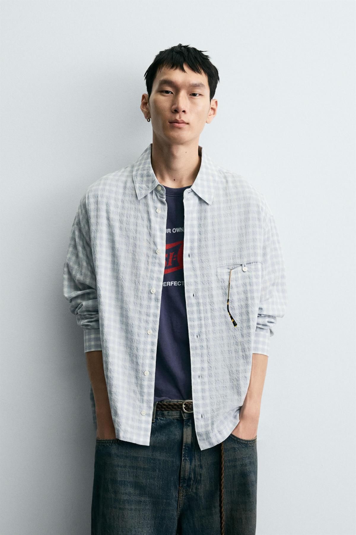 자라 테크니컬 체크 코튼 릴렉스핏 긴팔 셔츠 6103/315 BLUE MARL - 상세 이미지 3