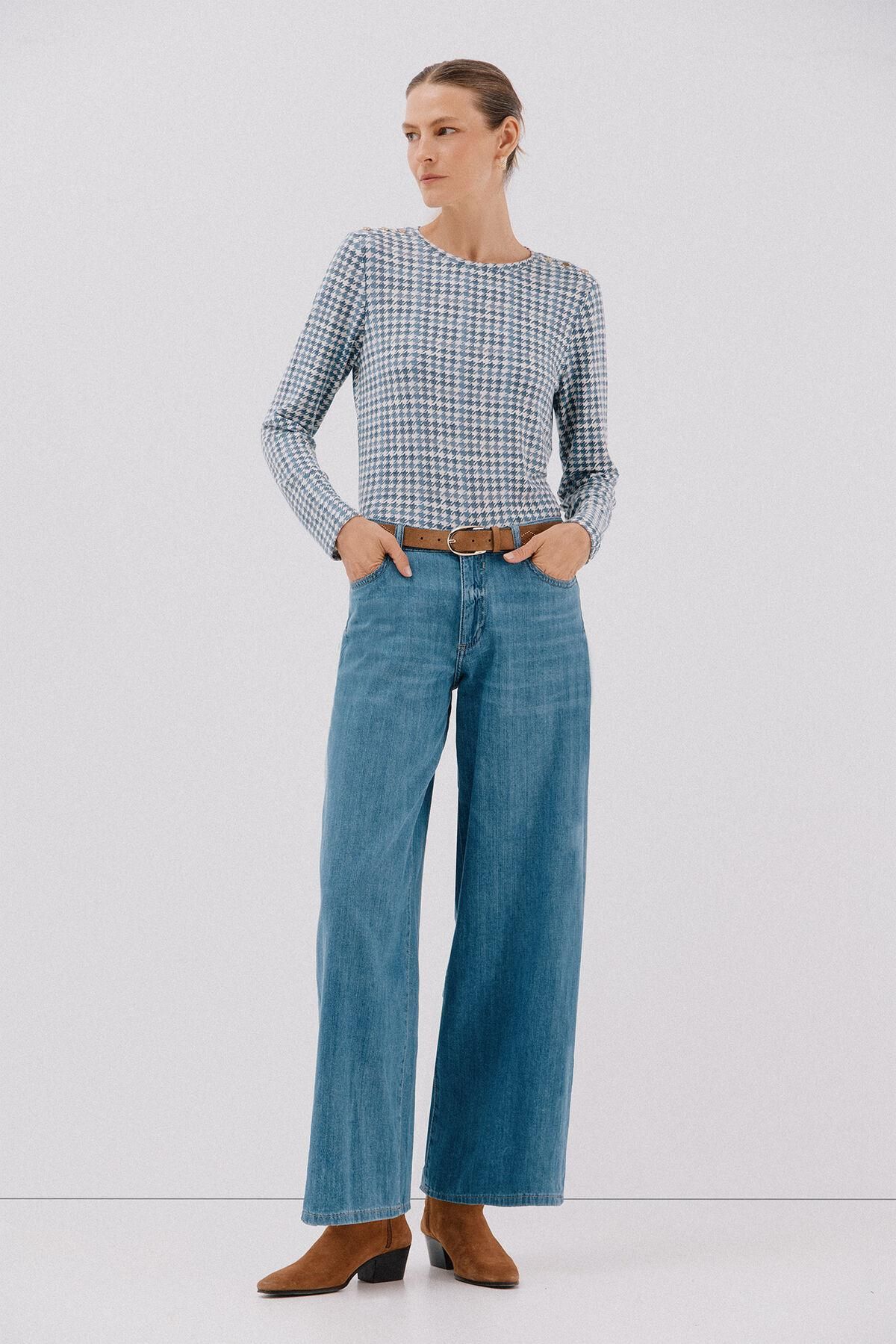 꼬르떼피엘 체크 라운드넥 골드버튼 긴팔 티셔츠 6322482 ESTAMPADO AZUL - 상세 이미지 3