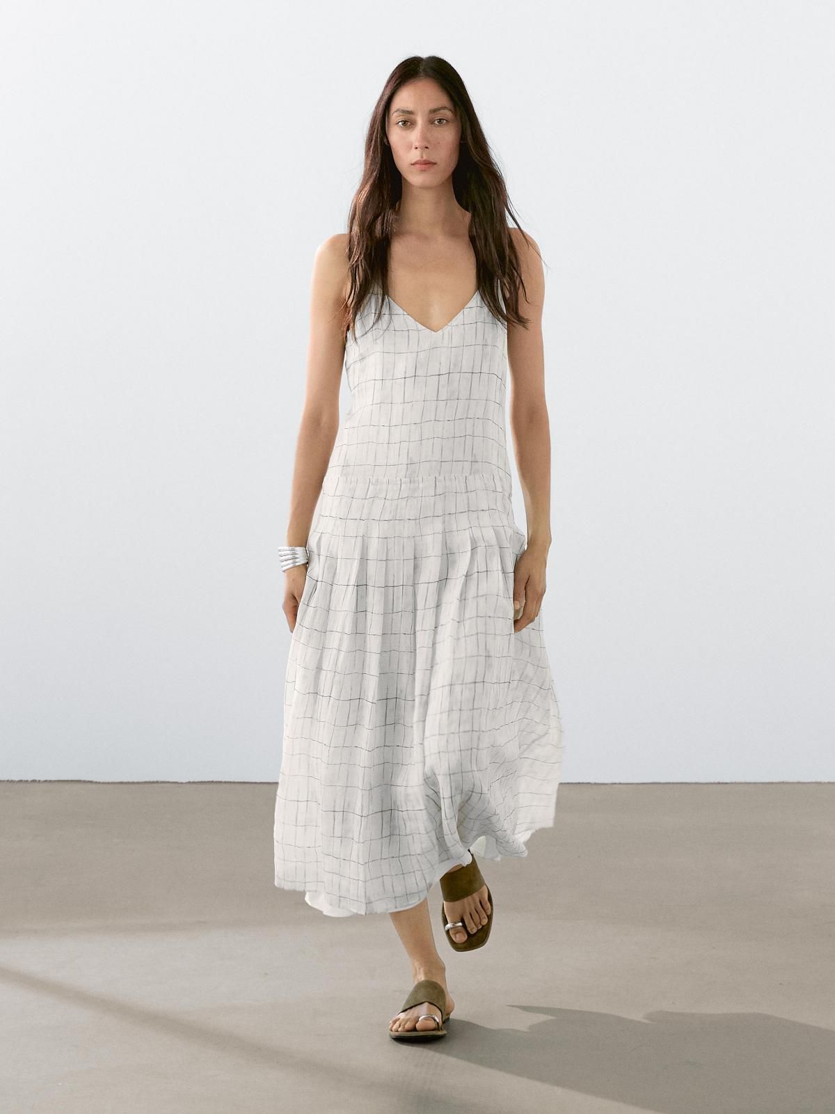마시모두띠 플레어 체크 스트랩 브이넥 미디 원피스 6606/865 OFF WHITE - 상세 이미지 2