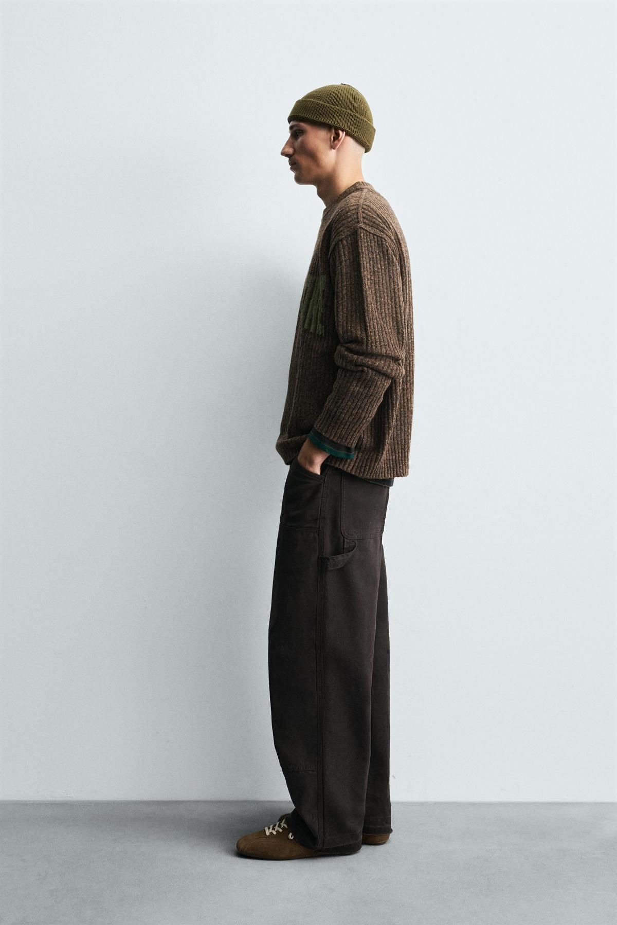 자라 라운드넥 브라운 슬로건 골지 니트 스웨터 3920/160 BROWN - 상세 이미지 5