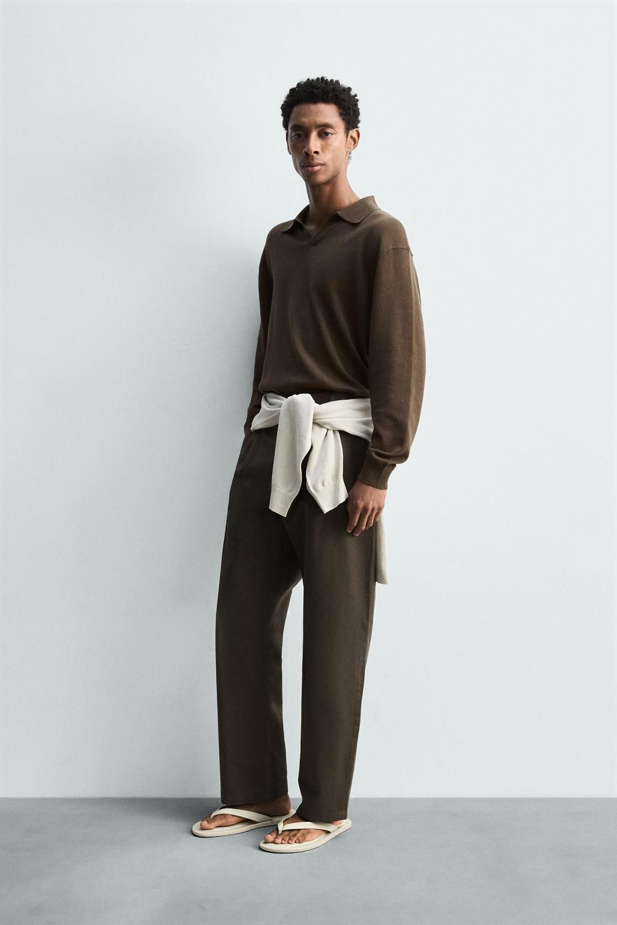 자라 릴렉스핏 코튼린넨 플리츠 와이드 팬츠 5682/507 BLACK / BROWN - 상세 이미지 4