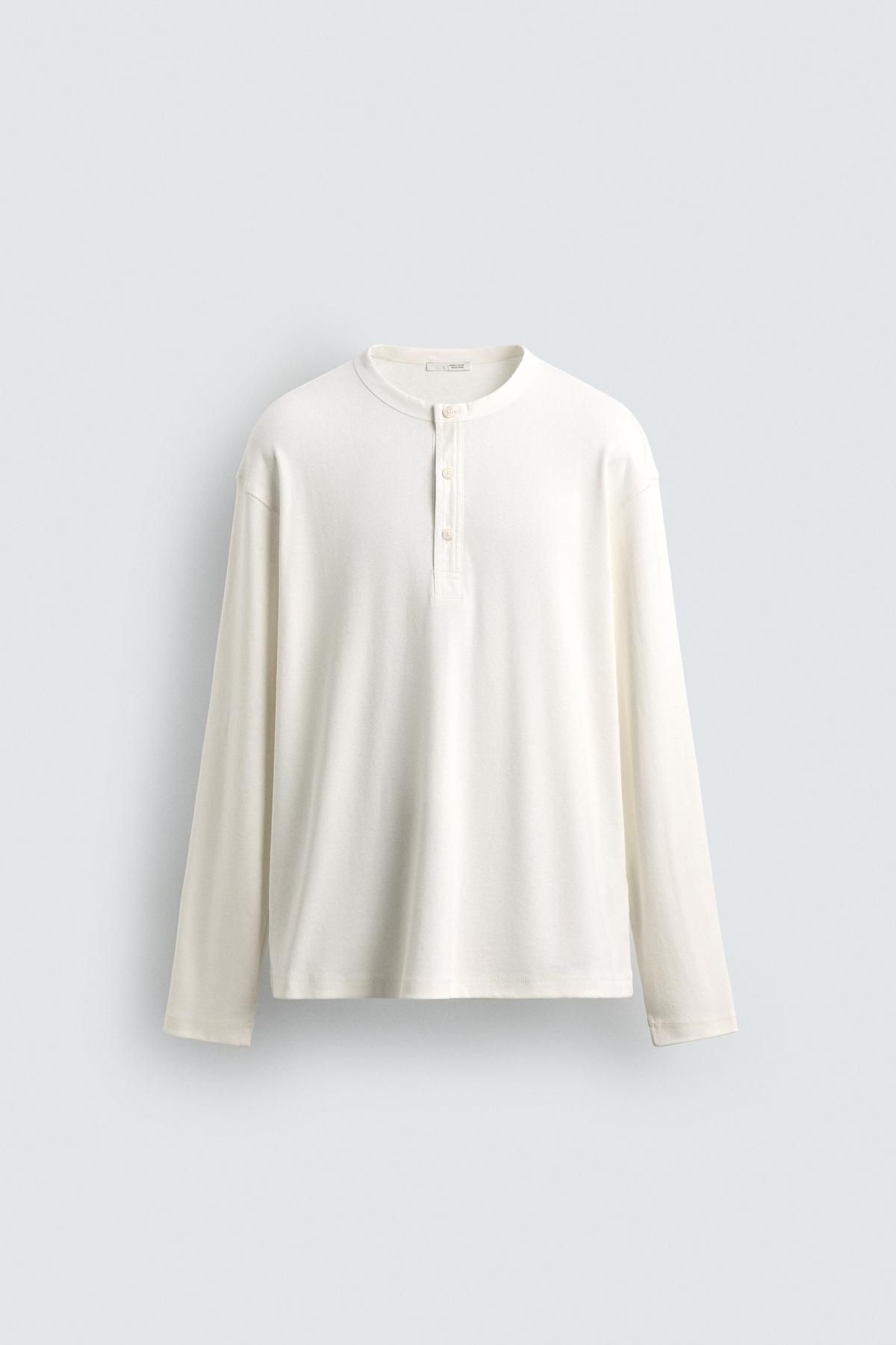 자라 텍스처 라운드넥 버튼 긴팔 티셔츠 5584/342 WHITE - 메인 이미지