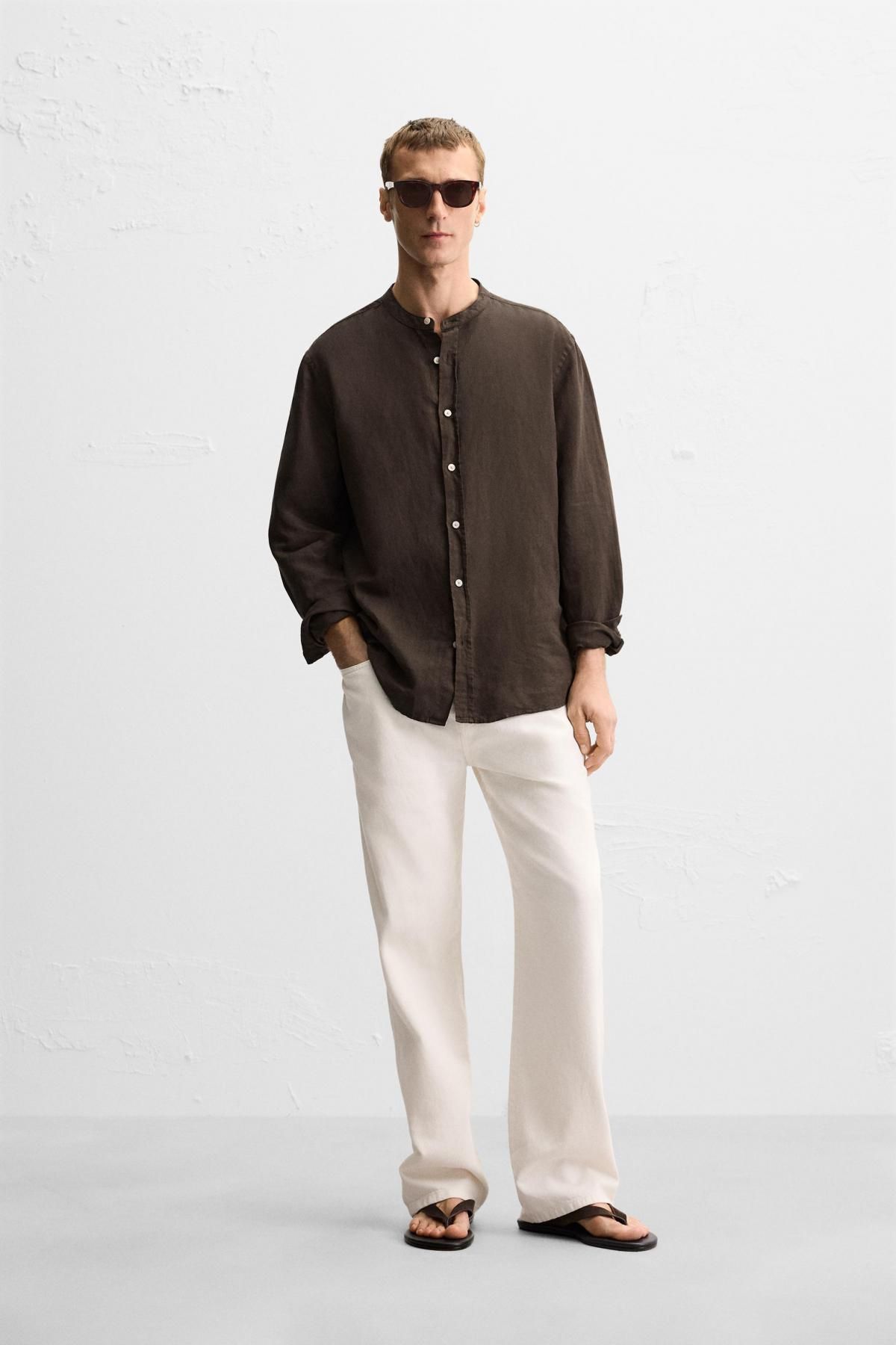 자라 리넨코튼 스탠드카라 긴팔 셔츠 1063/306 BROWN - 상세 이미지 2