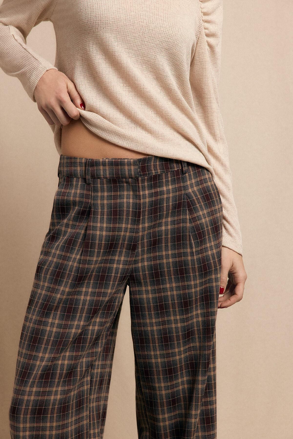 슬로우러브 체크 플리츠 와이드 슬랙스 팬츠 3722146 ESTAMPADO MARRON - 상세 이미지 2
