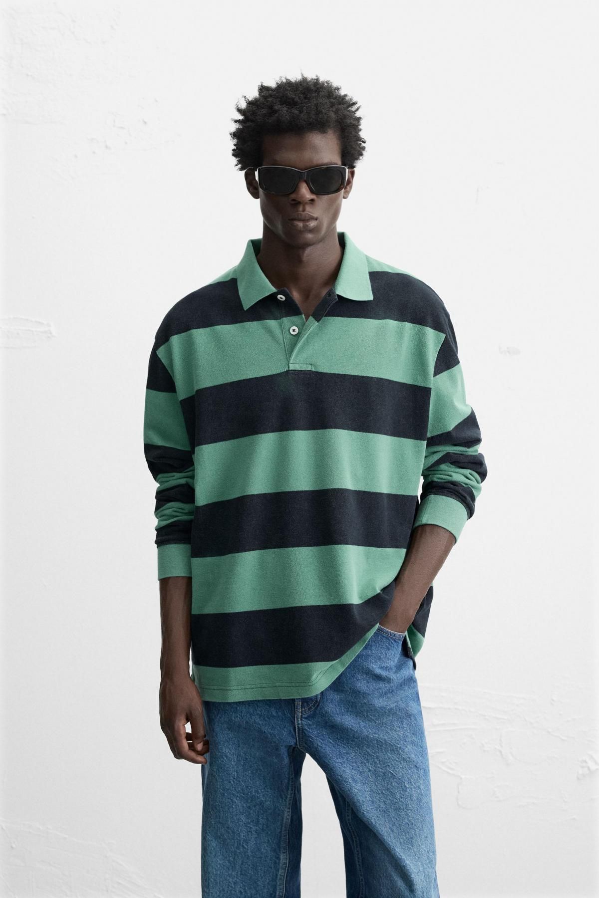 자라 스트라이프 워시드 테크니컬 긴팔 폴로셔츠 4092/313 GREEN / BLUE - 상세 이미지 3