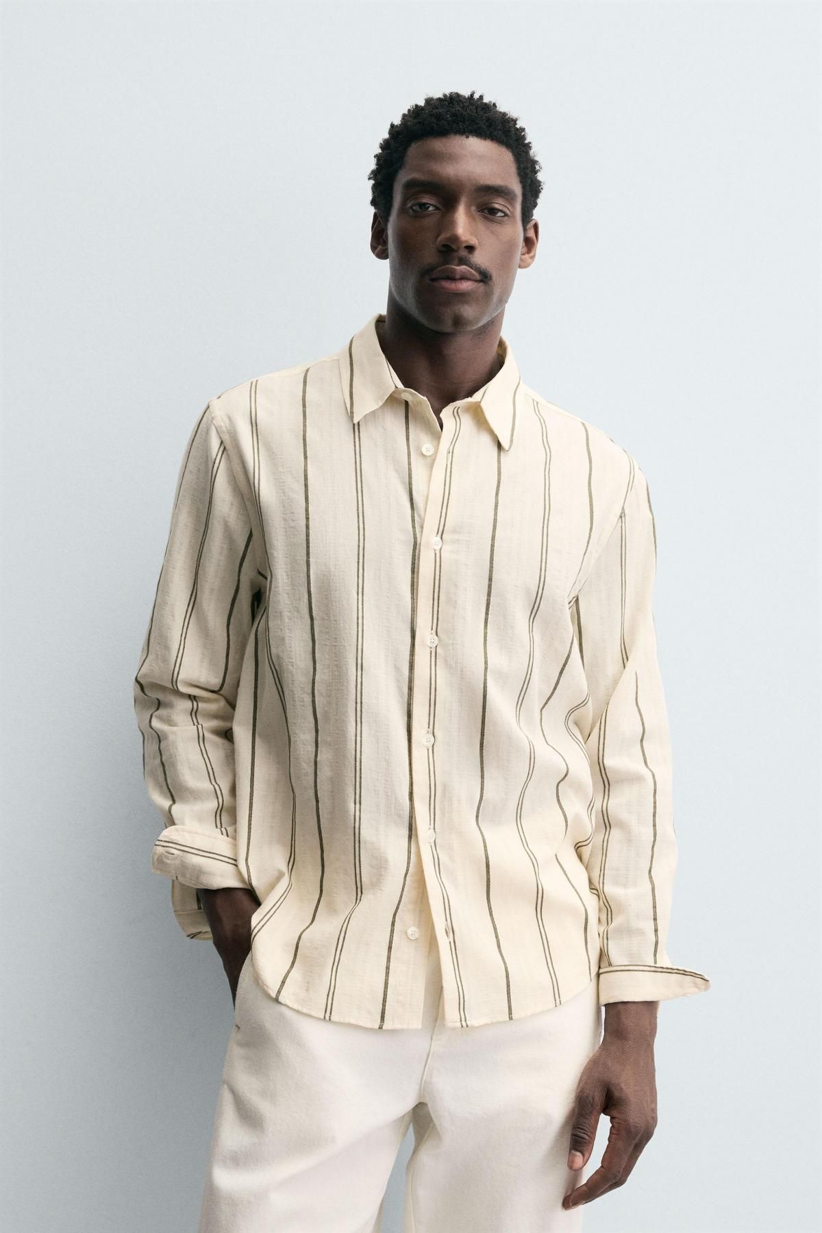 자라 스트라이프 릴렉스핏 코튼블렌드 긴팔 셔츠 5679/238 OLIVE GREEN - 상세 이미지 3
