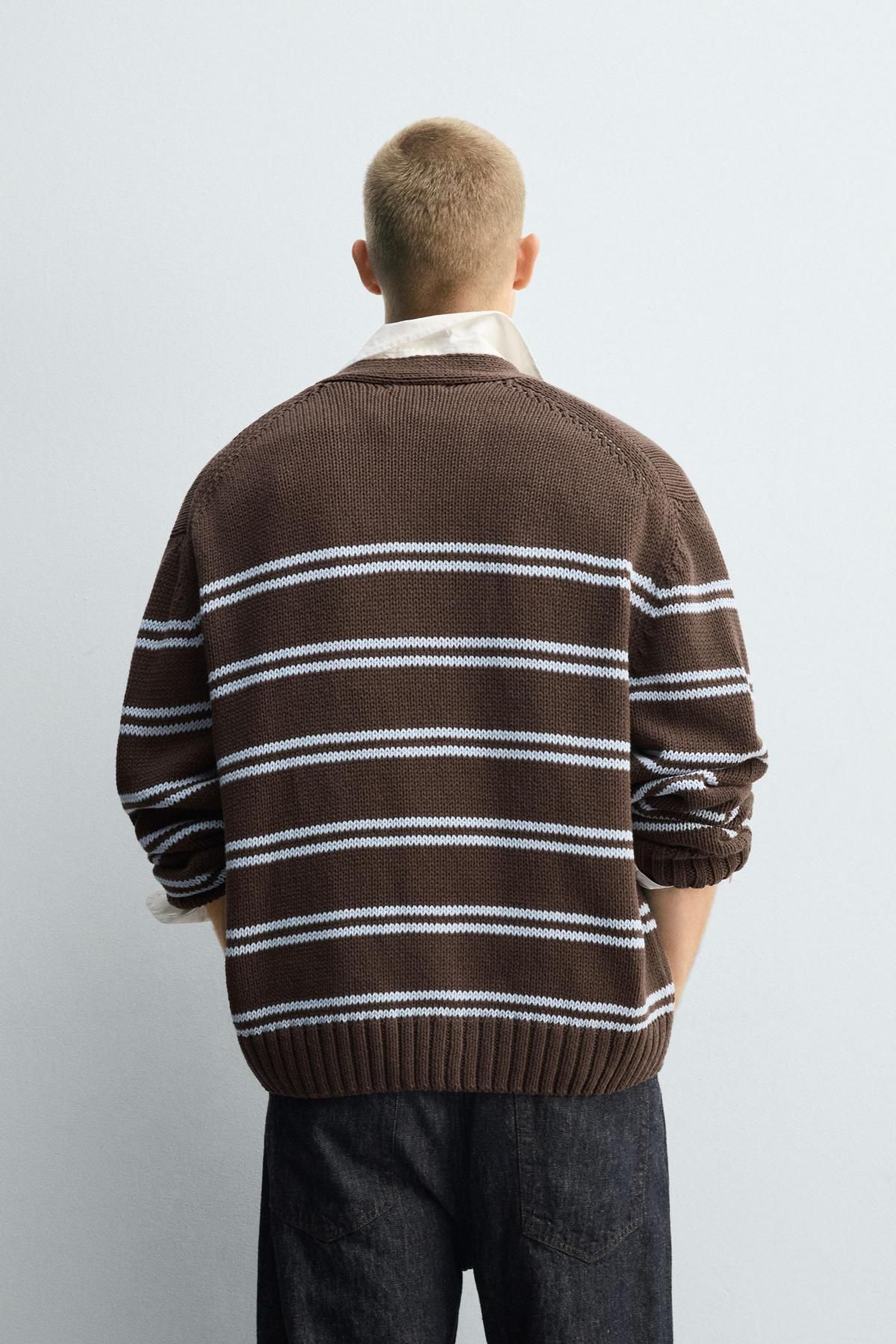 자라 스트라이프 브이넥 오버핏 코튼 니트 가디건 6771/306 BROWN - 상세 이미지 4