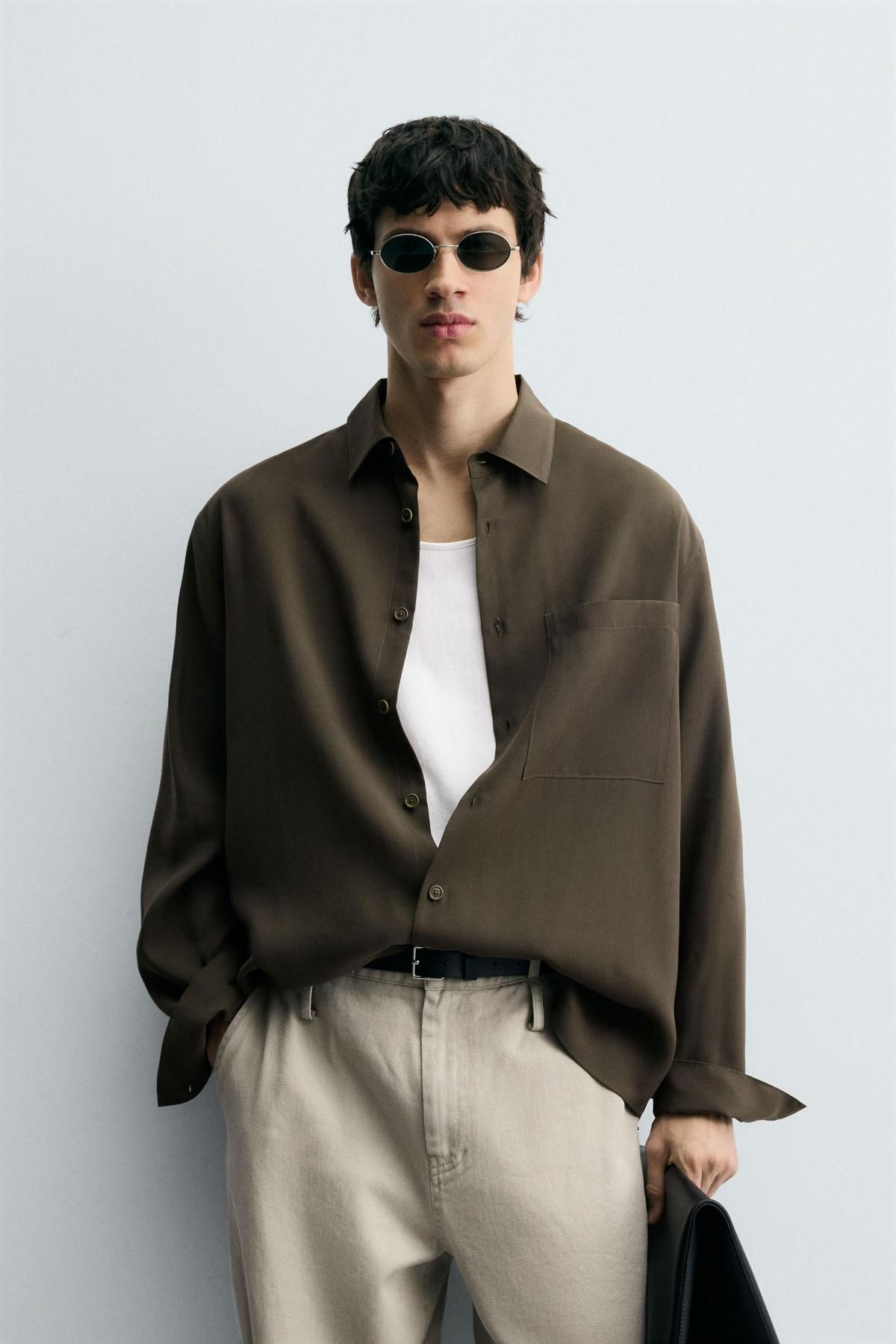자라 모달 블렌드 릴렉스핏 플루이드 긴팔 셔츠 5948/519 KHAKI - 상세 이미지 3