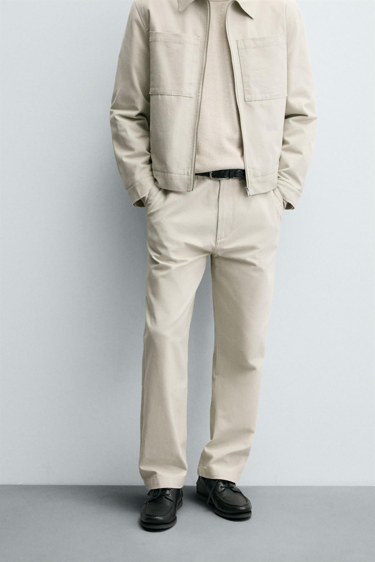 자라 코튼 블렌드 텍스처 캔버스 스트레이트 팬츠 1437/465 BEIGE - 메인 이미지