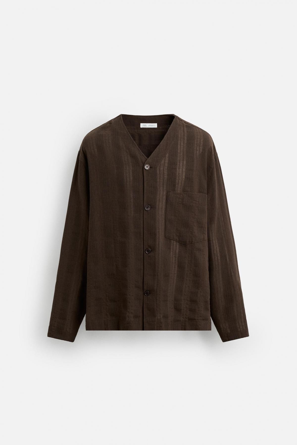 자라 스트라이프 자카드 브이넥 긴팔 셔츠 5782/042 BROWN - 메인 이미지