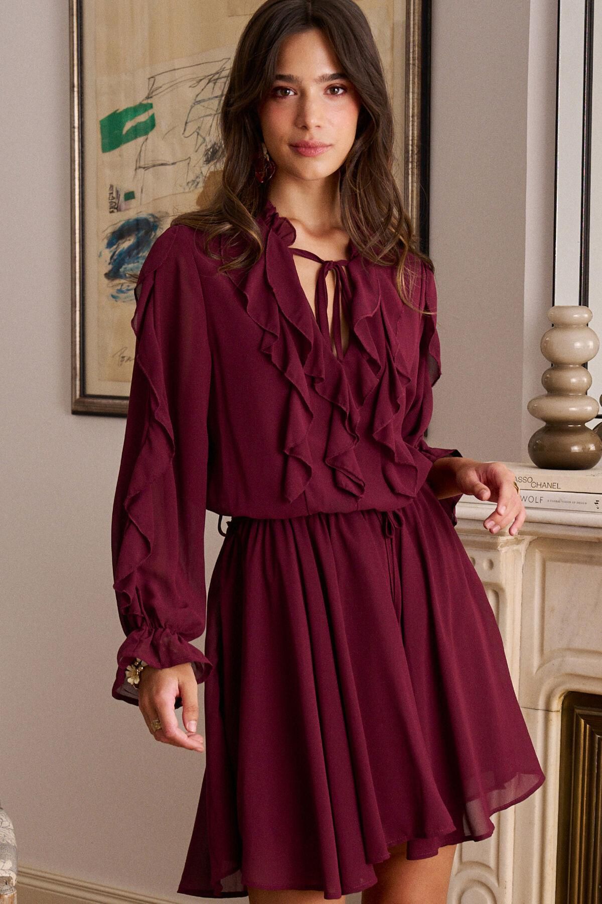 폴린에무아 프릴 미니 원피스 버건디 브이넥 6442379 GRANATE - 상품 이미지