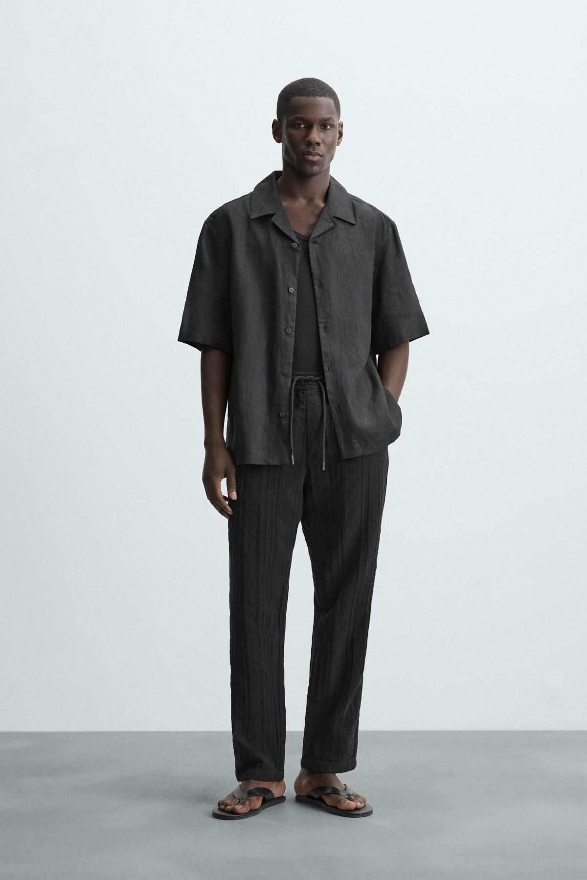 자라 리렉스드핏 텍스처 코튼 와이드 팬츠 7147/400 BLACK - 상세 이미지 2