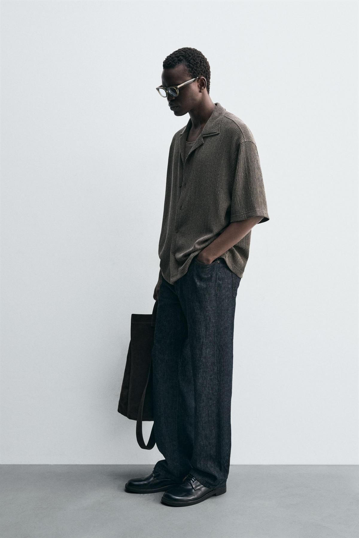 자라 텍스처 릴렉스핏 캠프카라 반팔 셔츠 4087/377 DARK KHAKI - 상세 이미지 5
