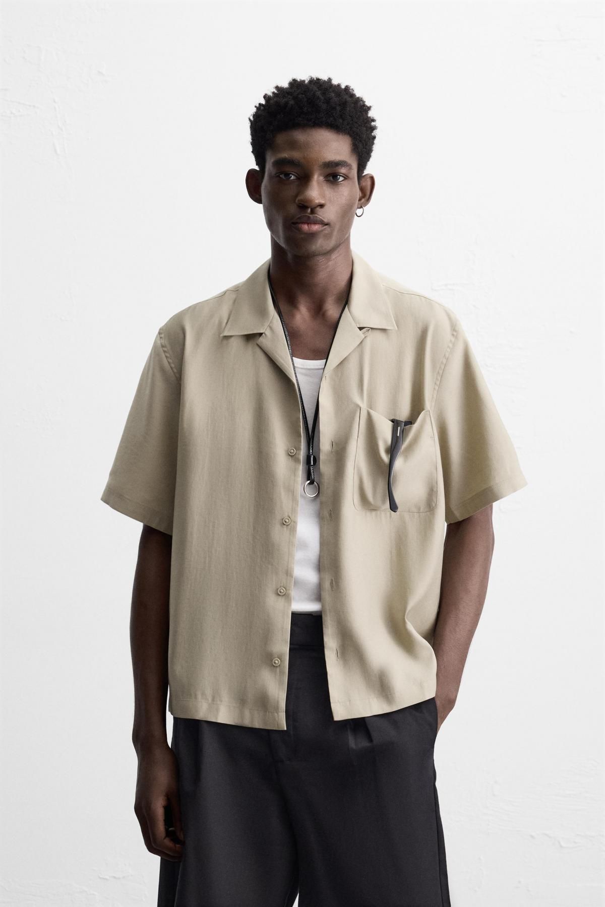 자라 테크니컬 라이트베이지 릴렉스핏 라이오셀 반팔 셔츠 1195/430 OLIVE GREEN - 상세 이미지 3