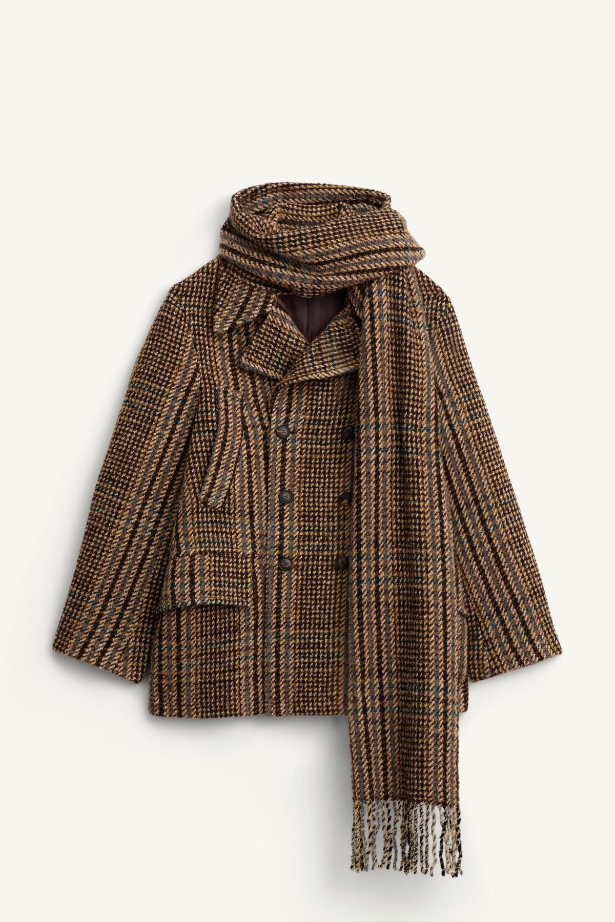자라 한정판 체크 울 혼방 스카프 크롭 더블 코트 5805/066 BROWN - 상품 이미지