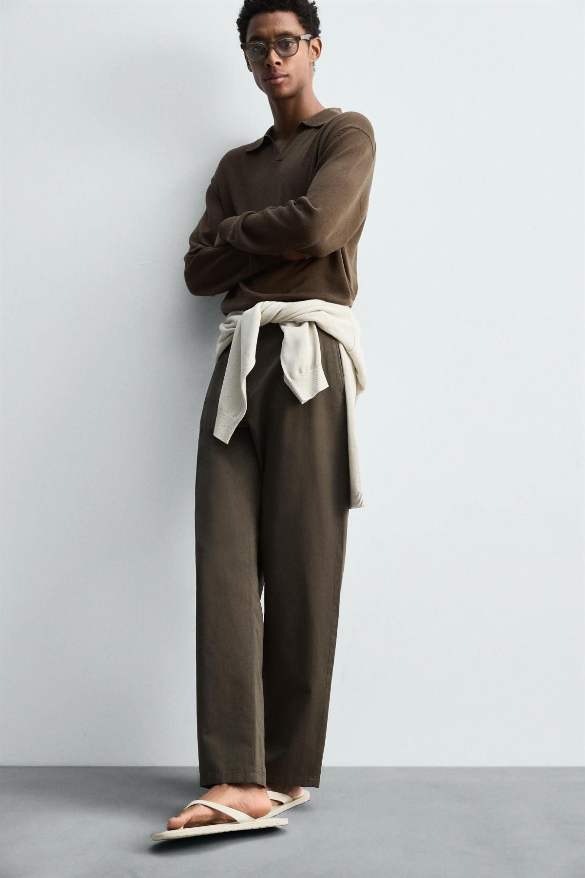 자라 릴렉스핏 코튼린넨 플리츠 와이드 팬츠 5682/507 BLACK / BROWN - 상세 이미지 5
