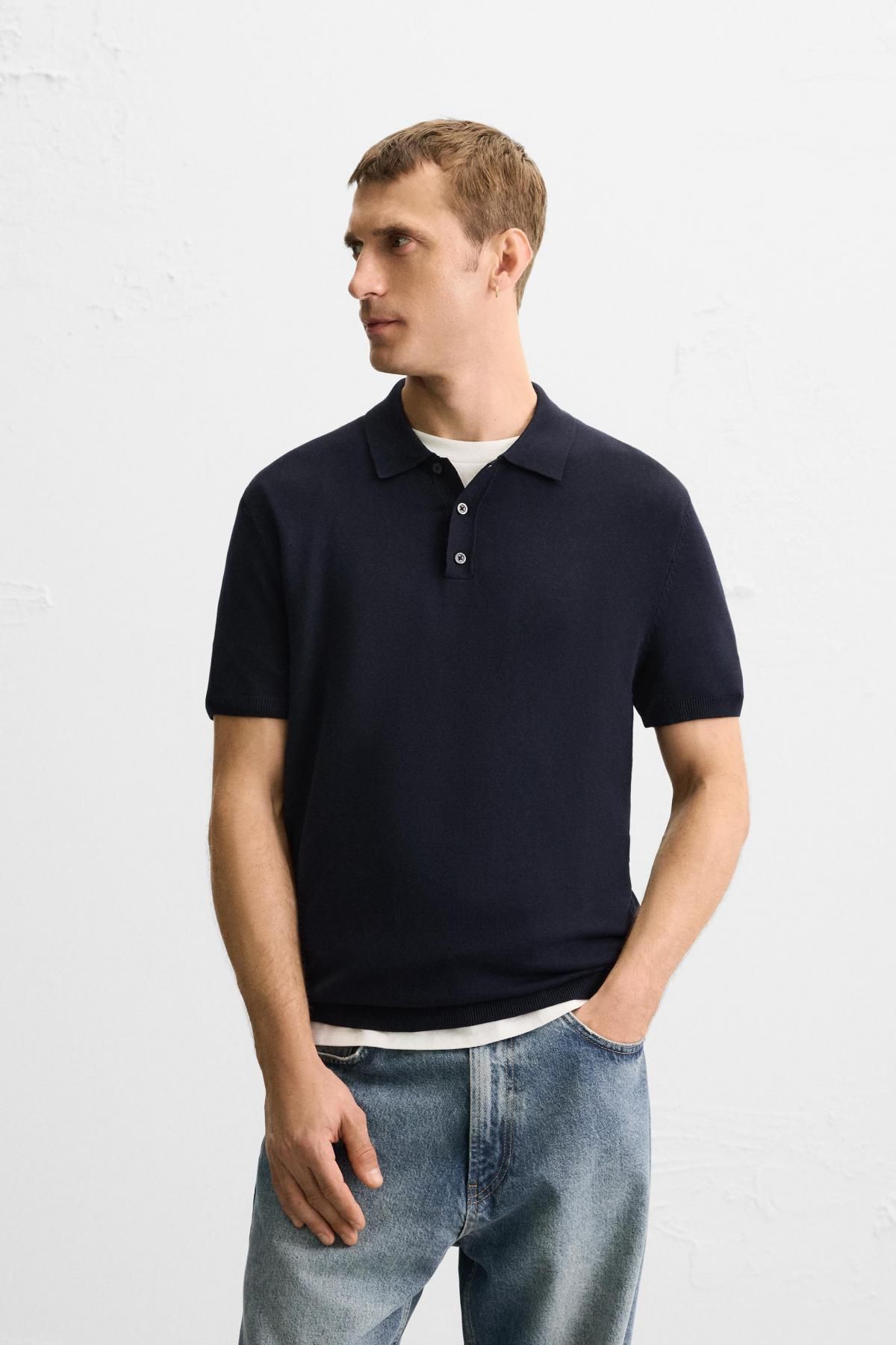 자라 미니멀 테크니컬 비스코스 블렌드 니트 반팔 폴로셔츠 0304/407 NAVY BLUE - 상세 이미지 3