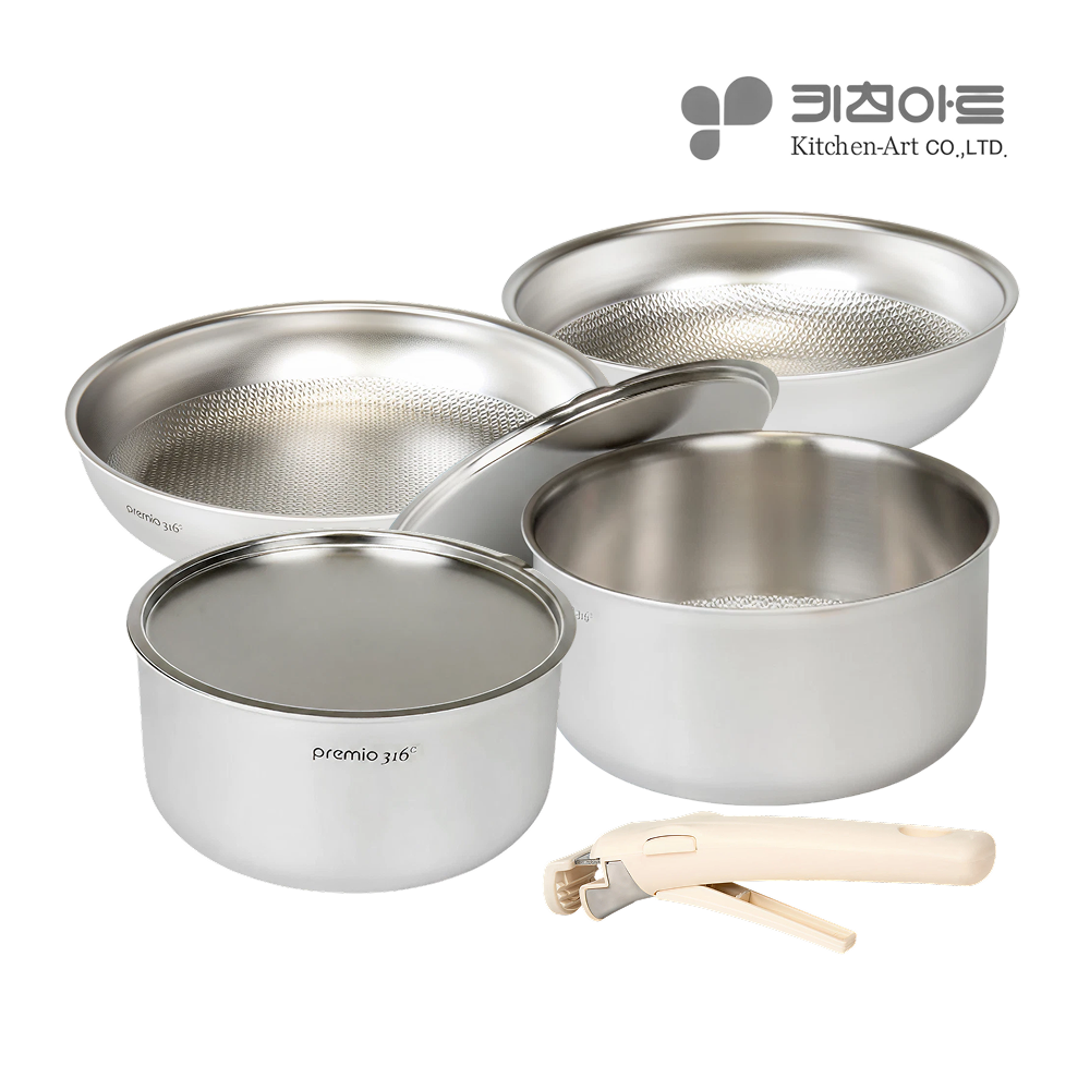 연마제 사용안한 냄비 프라이팬 세트 키친아트 스테인리스 316 탈부착 무연마제 통5중 4종, 냄비16+20+프라이22+궁중22, 1세트 - 메인 이미지