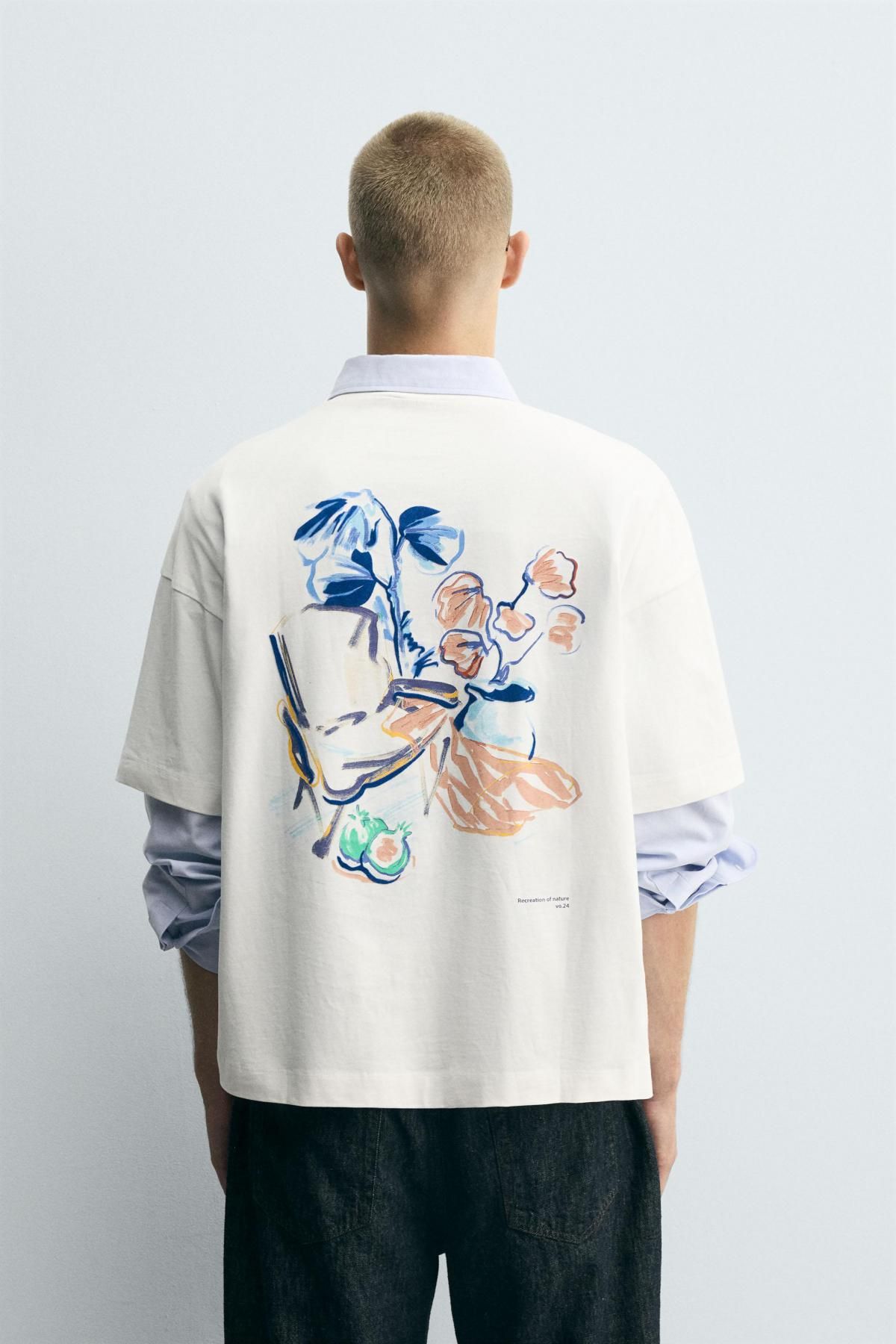 자라 아트워크 배색 프린트 오버핏 반팔 티셔츠 0495/365 WHITE - 상세 이미지 4