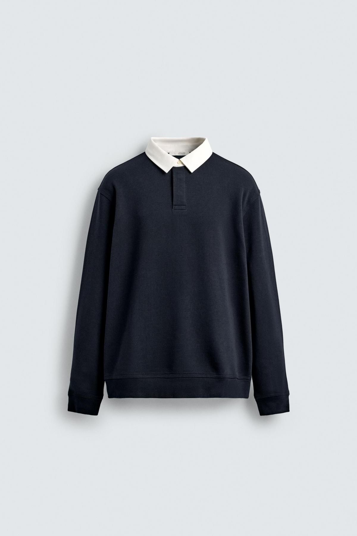 자라 배색카라 테크니컬 긴팔 폴로 스웨트셔츠 0526/310 NAVY BLUE - 상품 이미지