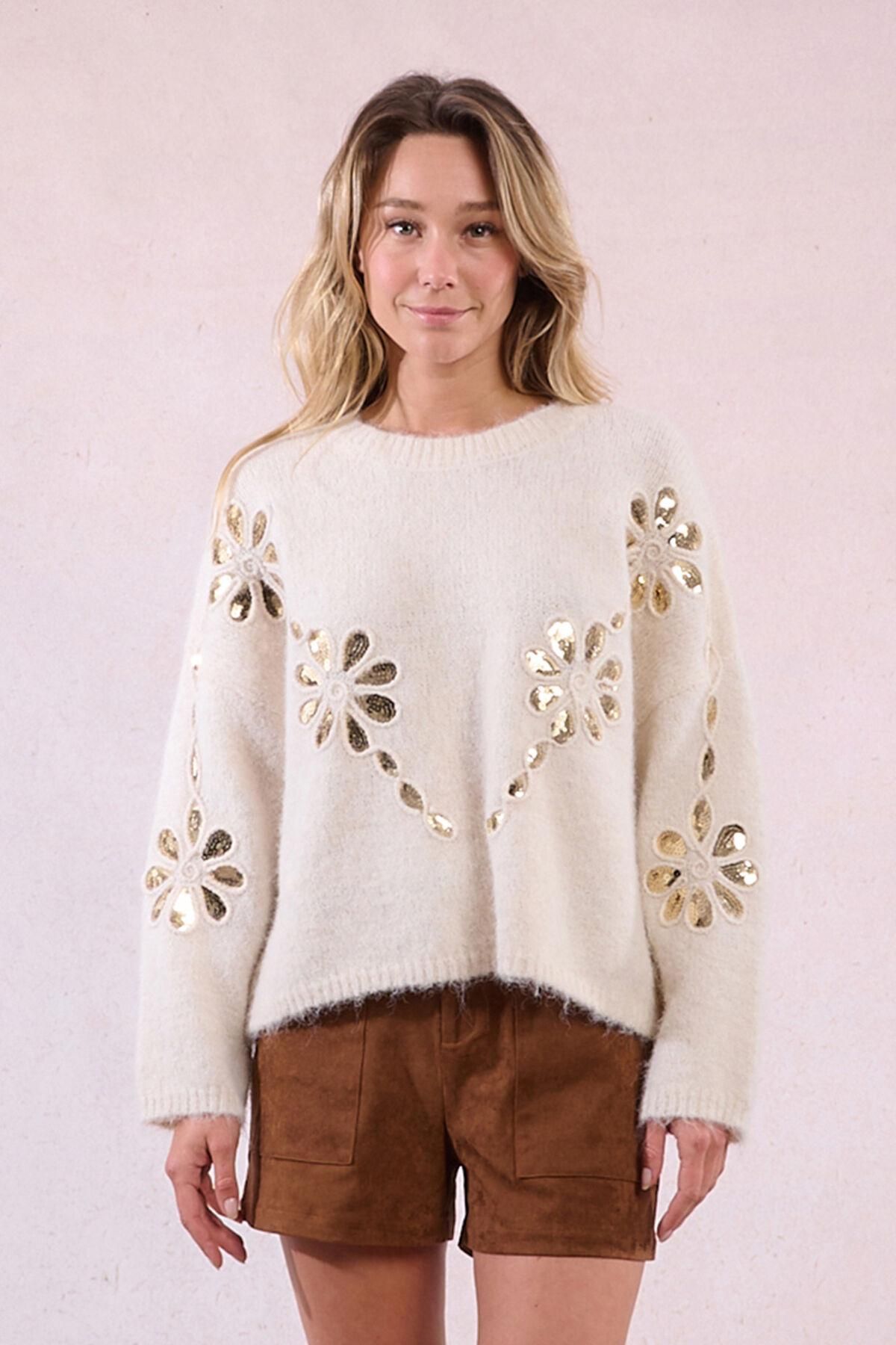 몰리브라켄 플라워 디테일 라운드넥 니트 스웨터 3762221 MARFIL - 메인 이미지
