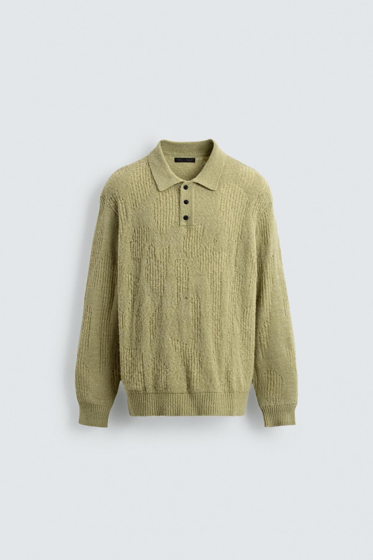 자라 오픈워크 니트 폴로 셔츠 긴팔 릴랙스핏 3920/097 LIGHT GREEN - 메인 이미지