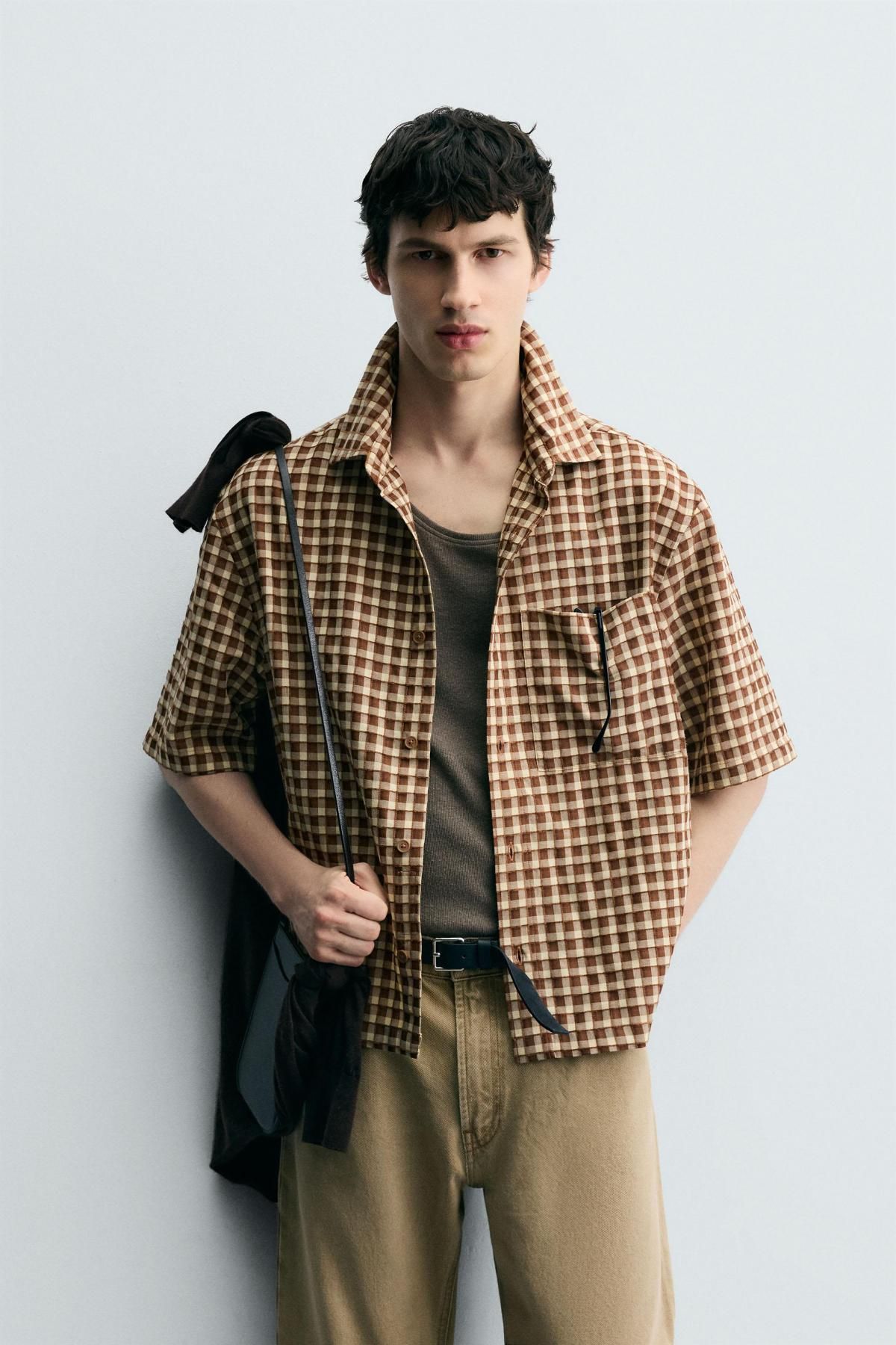 자라 체크 텍스처 오버핏 반팔 셔츠 1195/350 ECRU / BROWN - 상세 이미지 3