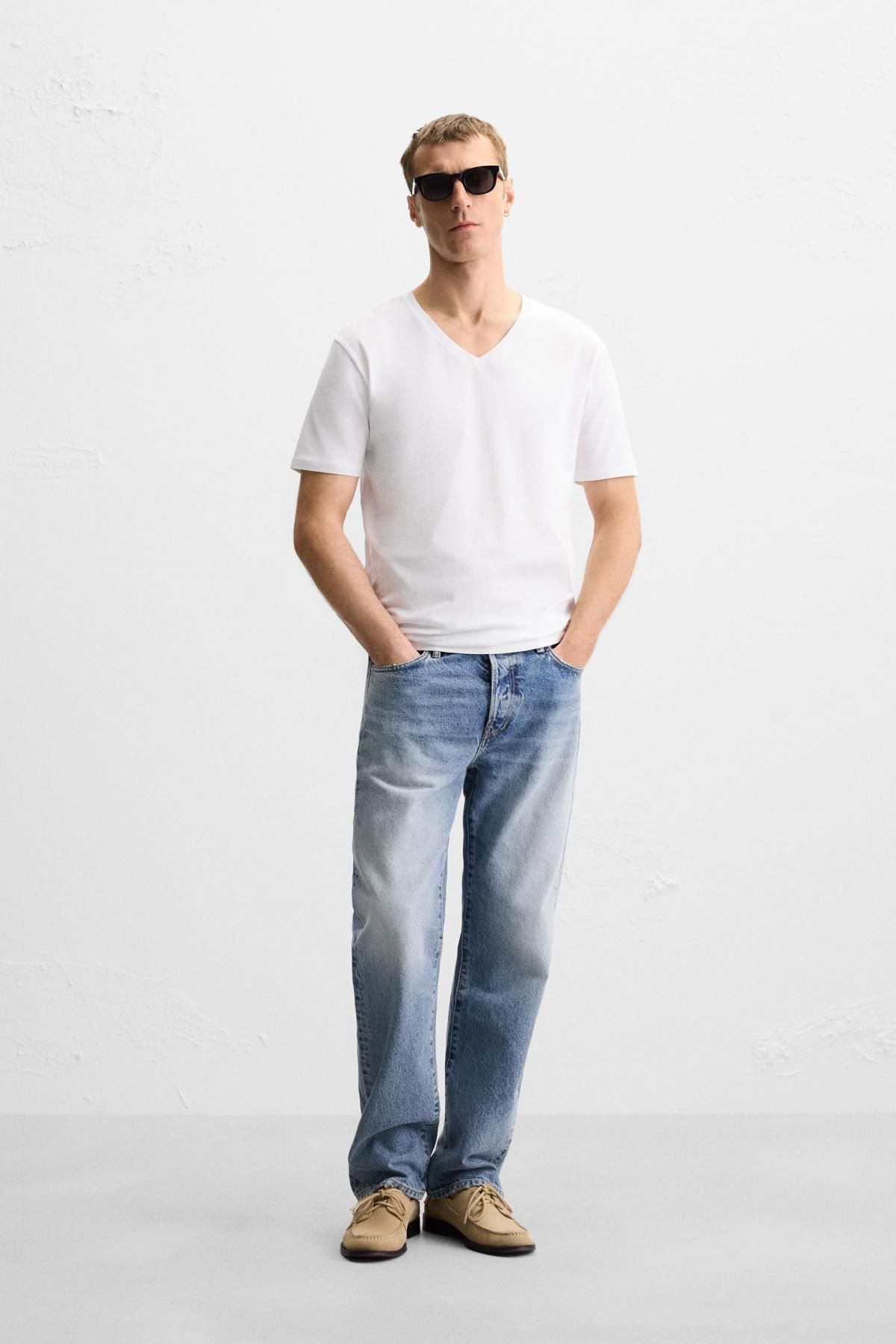 자라 베이직 슬림핏 V넥 반팔 티셔츠 5584/402 WHITE - 상세 이미지 2