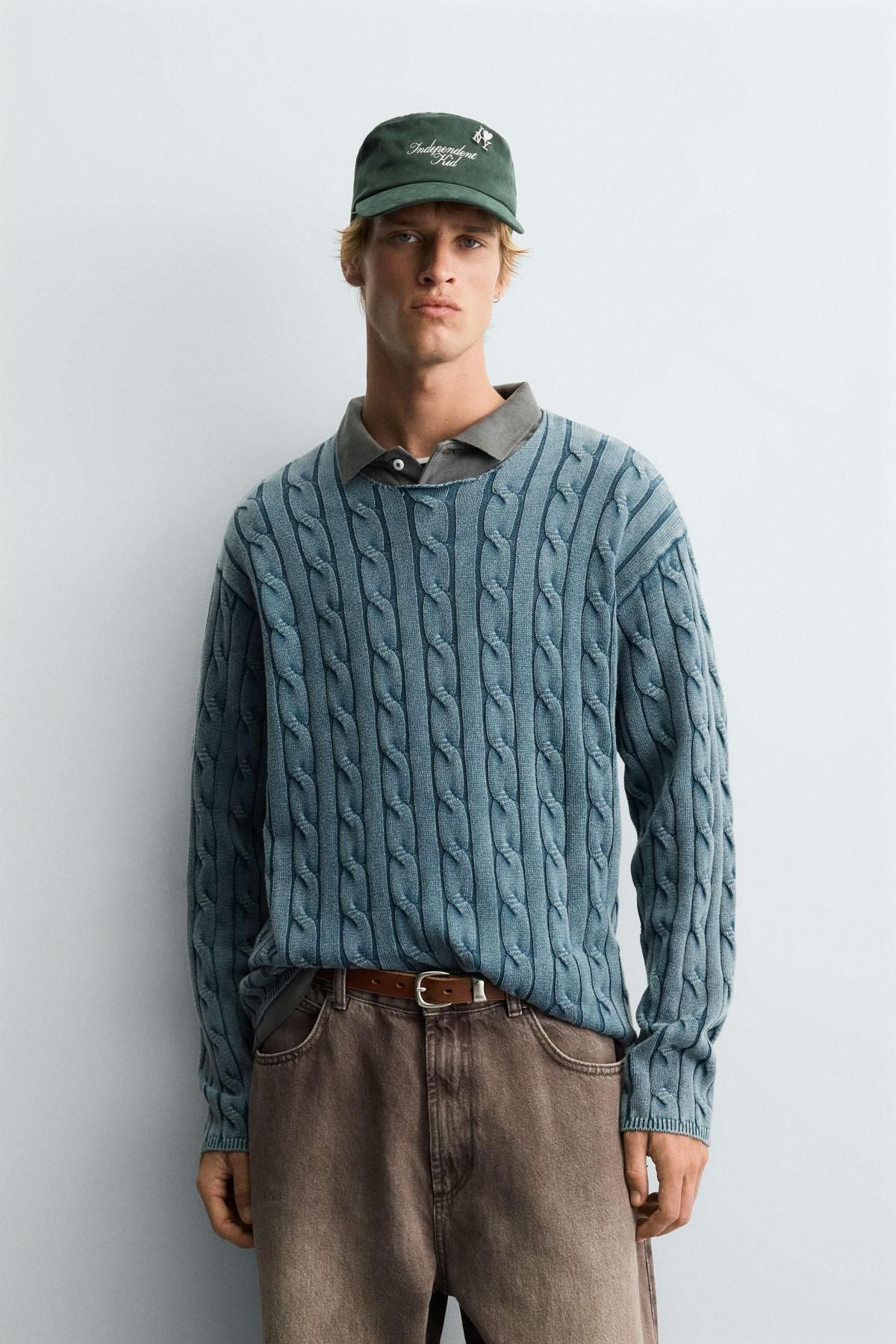 자라 워시드 케이블 니트 라운드넥 스웨터 9598/312 DUCK BLUE - 상세 이미지 3