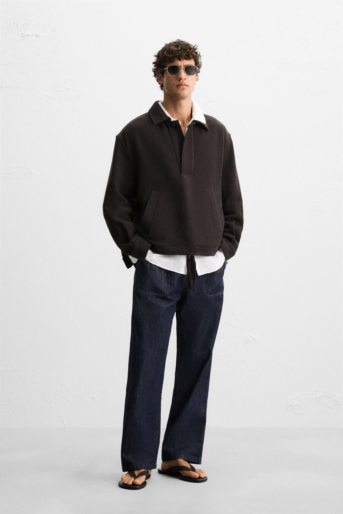 자라 코튼블렌드 오버핏 텍스처 폴로 오버셔츠 5825/103 BROWN - 상세 이미지 2