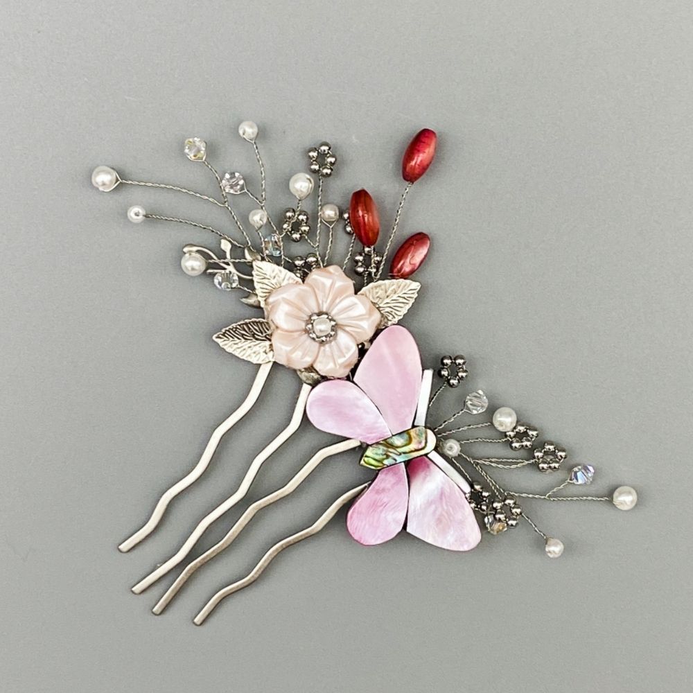 마녀공방 자개 꽃과 핑크 나비 옆꽂이 / 한복장신구 머리장식 : 마녀공방-플라워
