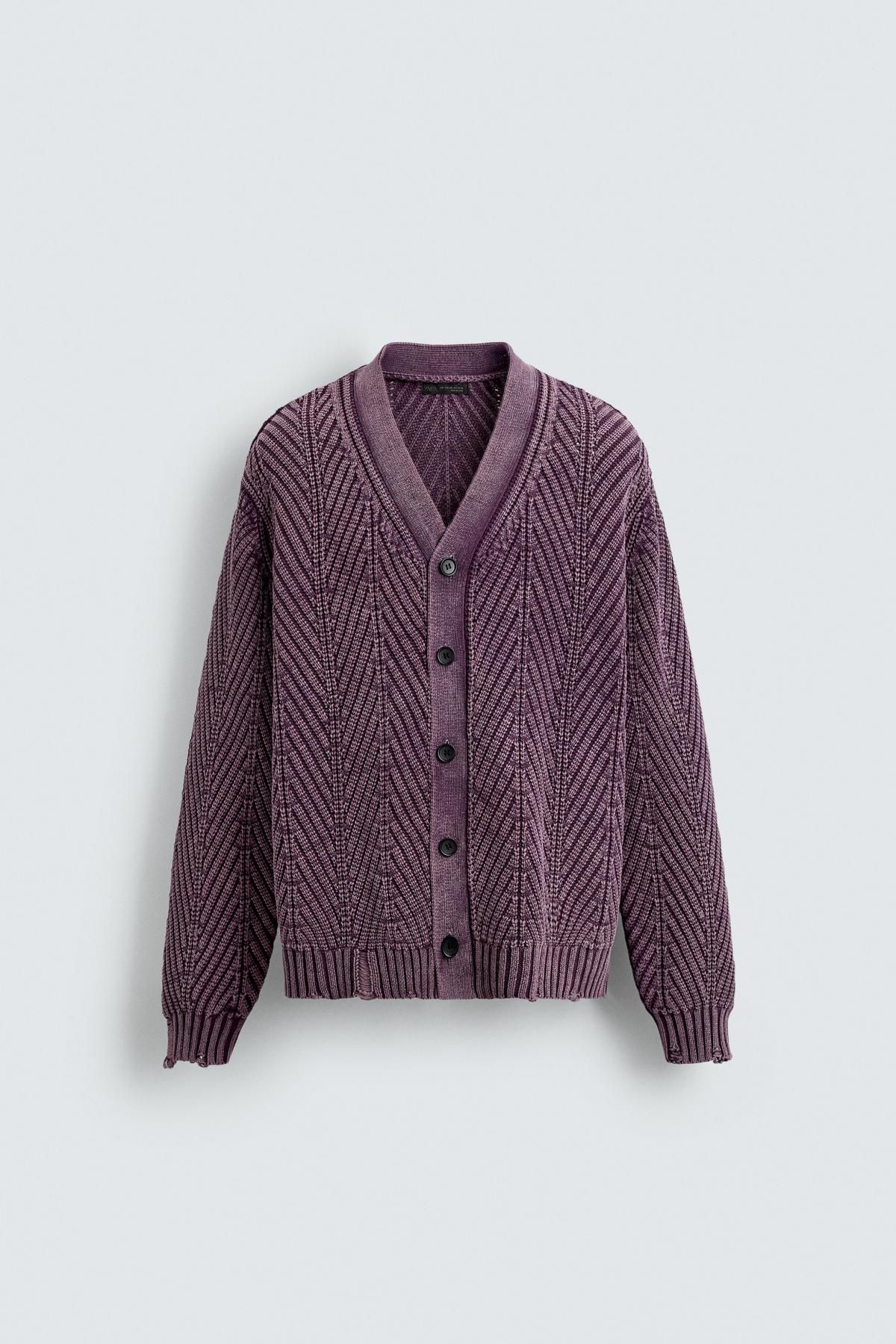 자라 빈티지 디스트로이드 텍스처 브이넥 가디건 3920/297 LILAC - 메인 이미지