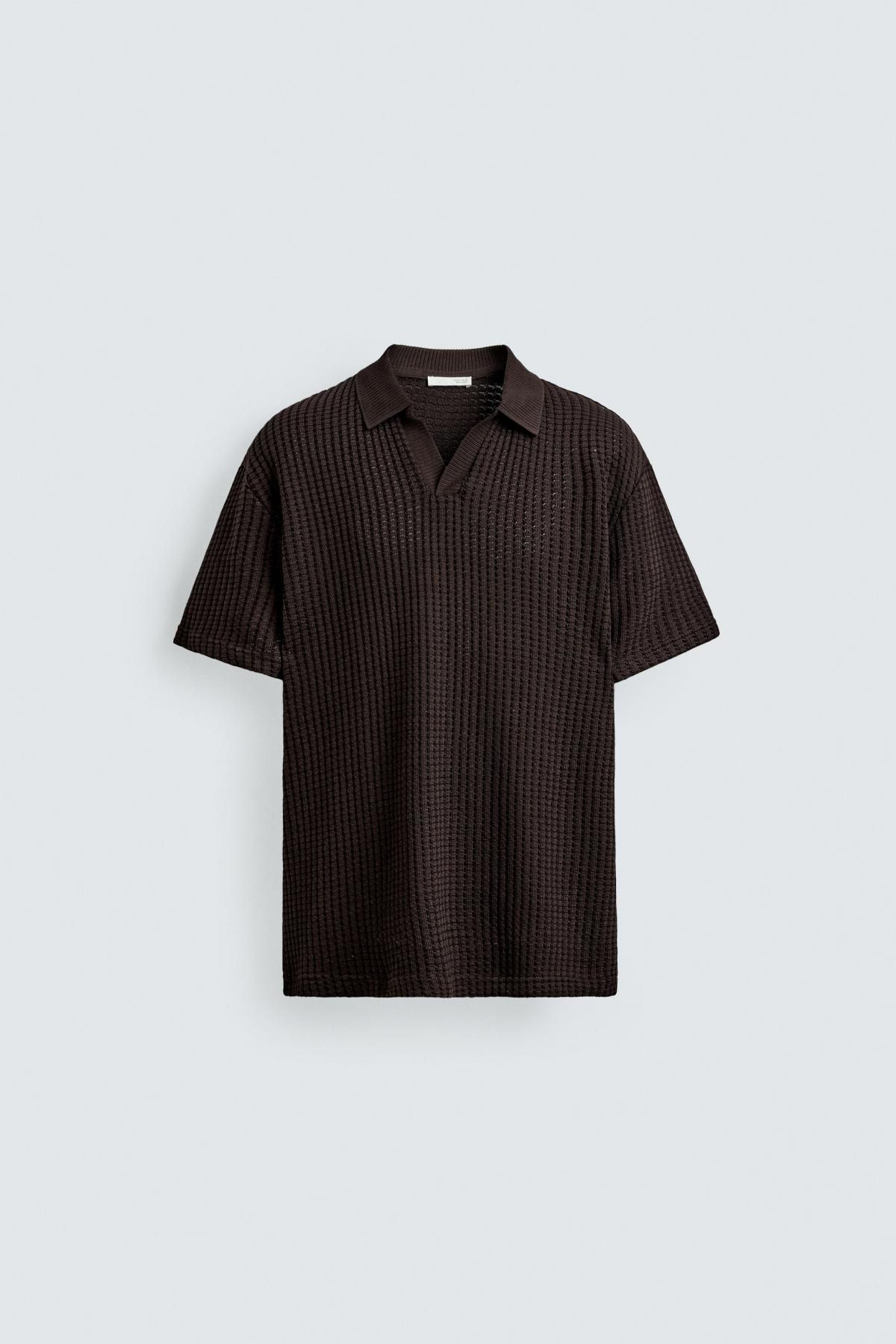 자라 와플 텍스처 코튼 블렌드 반팔 폴로셔츠 4087/333 BROWN - 메인 이미지