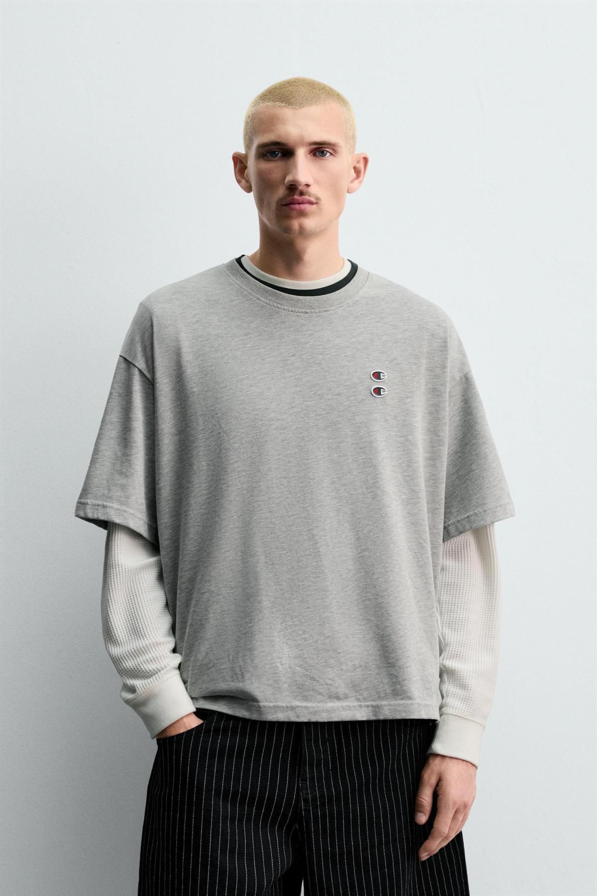 자라 박시핏 코튼 패치 반팔 티셔츠 X 챔피온 4087/374 GREY MARL - 상세 이미지 3
