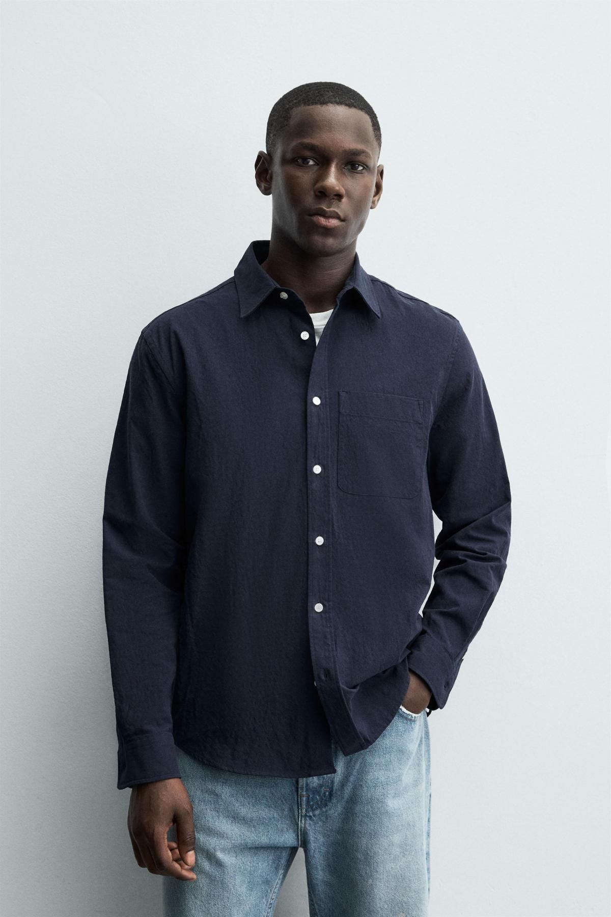 자라 워시드 스트라이프 레귤러핏 테크니컬 긴팔 셔츠 5917/117 NAVY BLUE - 상세 이미지 3