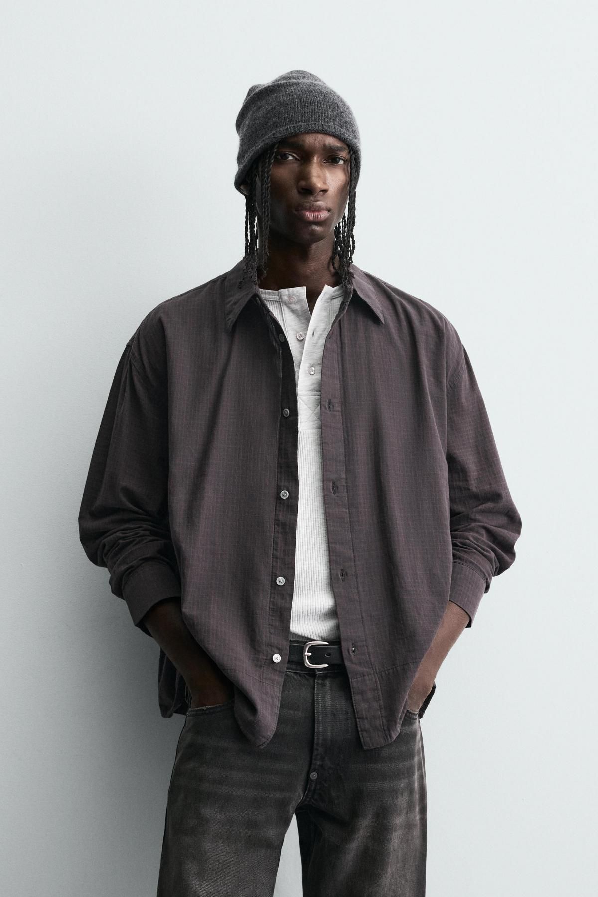 자라 테크니컬 릴랙스핏 체크 긴팔 셔츠 6987/375 BLACK / BROWN - 상세 이미지 3