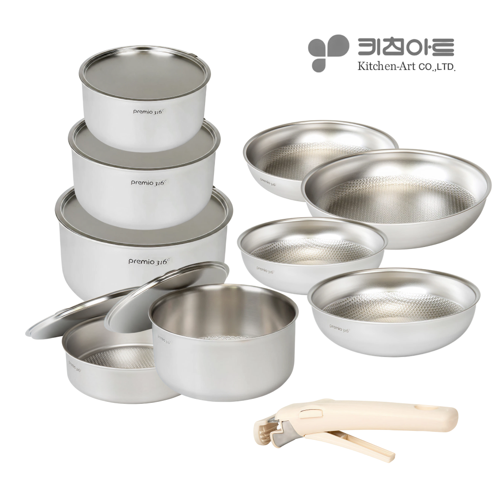 연마제 사용안한 냄비 프라이팬 세트 키친아트 스테인리스 316 탈부착 무연마제 통5중 9종, 냄비5종+프라이팬2종+궁중팬2종, 1세트 - 메인 이미지