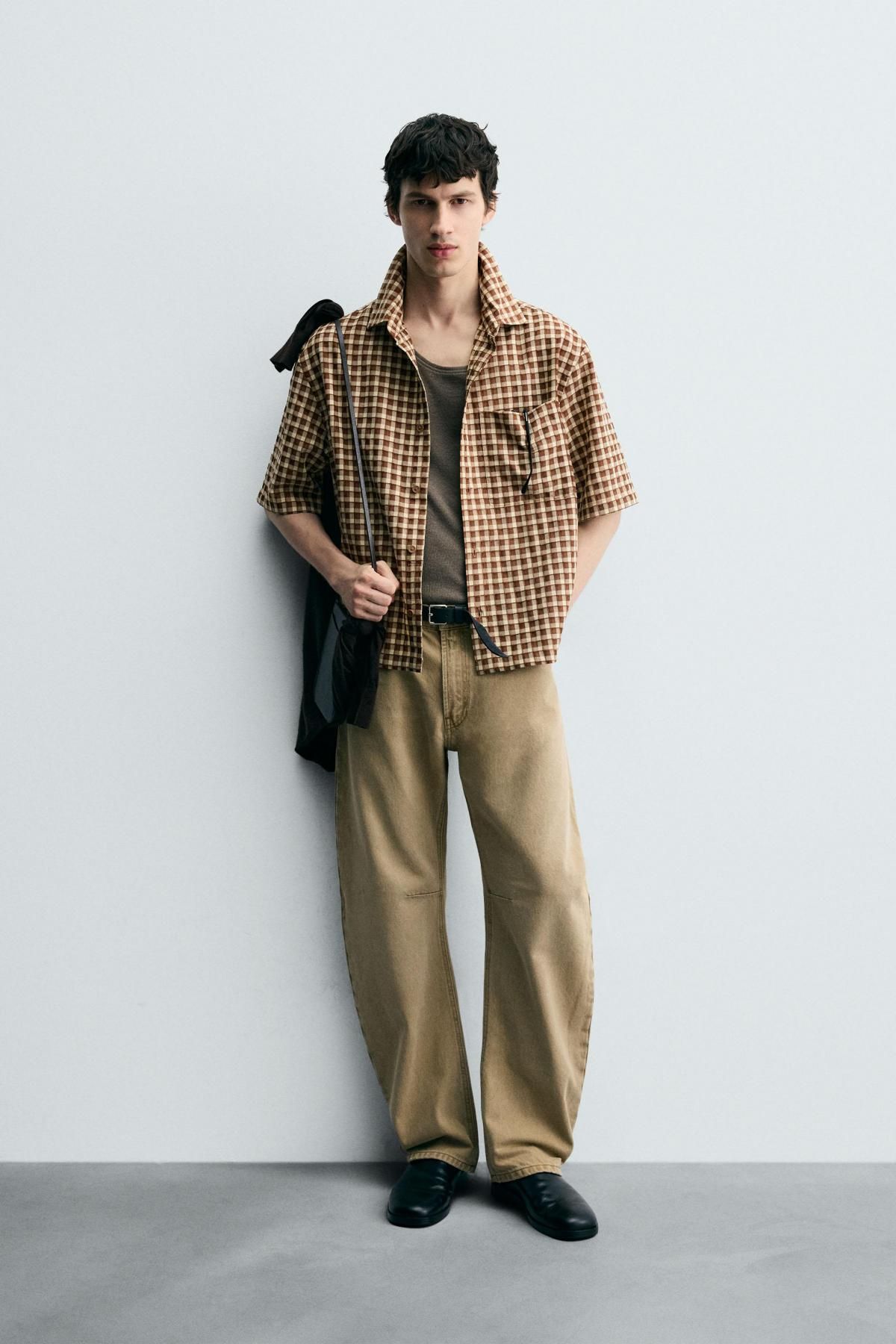 자라 체크 텍스처 오버핏 반팔 셔츠 1195/350 ECRU / BROWN - 상세 이미지 2