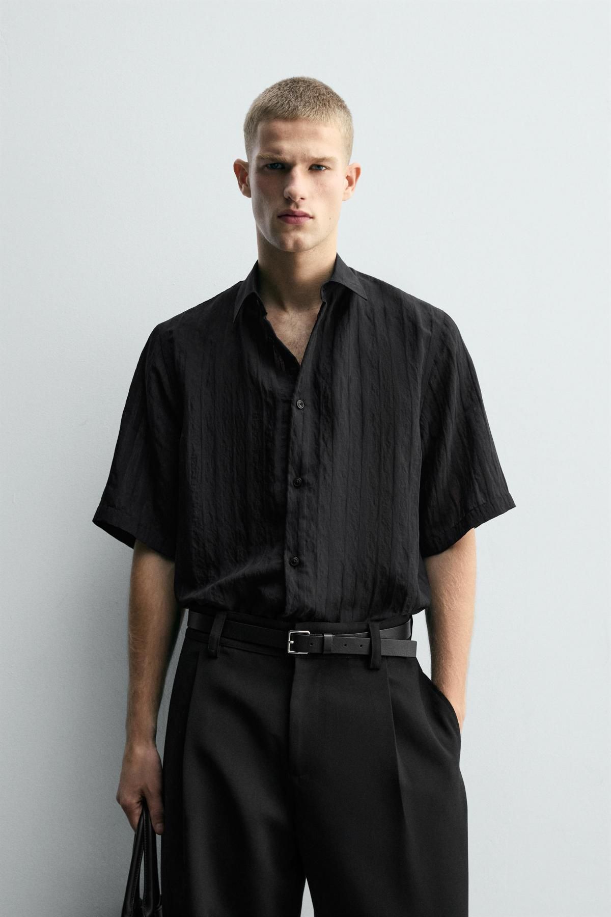 자라 텍스처 오버핏 캠프카라 반팔 셔츠 블랙 9282/661 BLACK - 상세 이미지 3