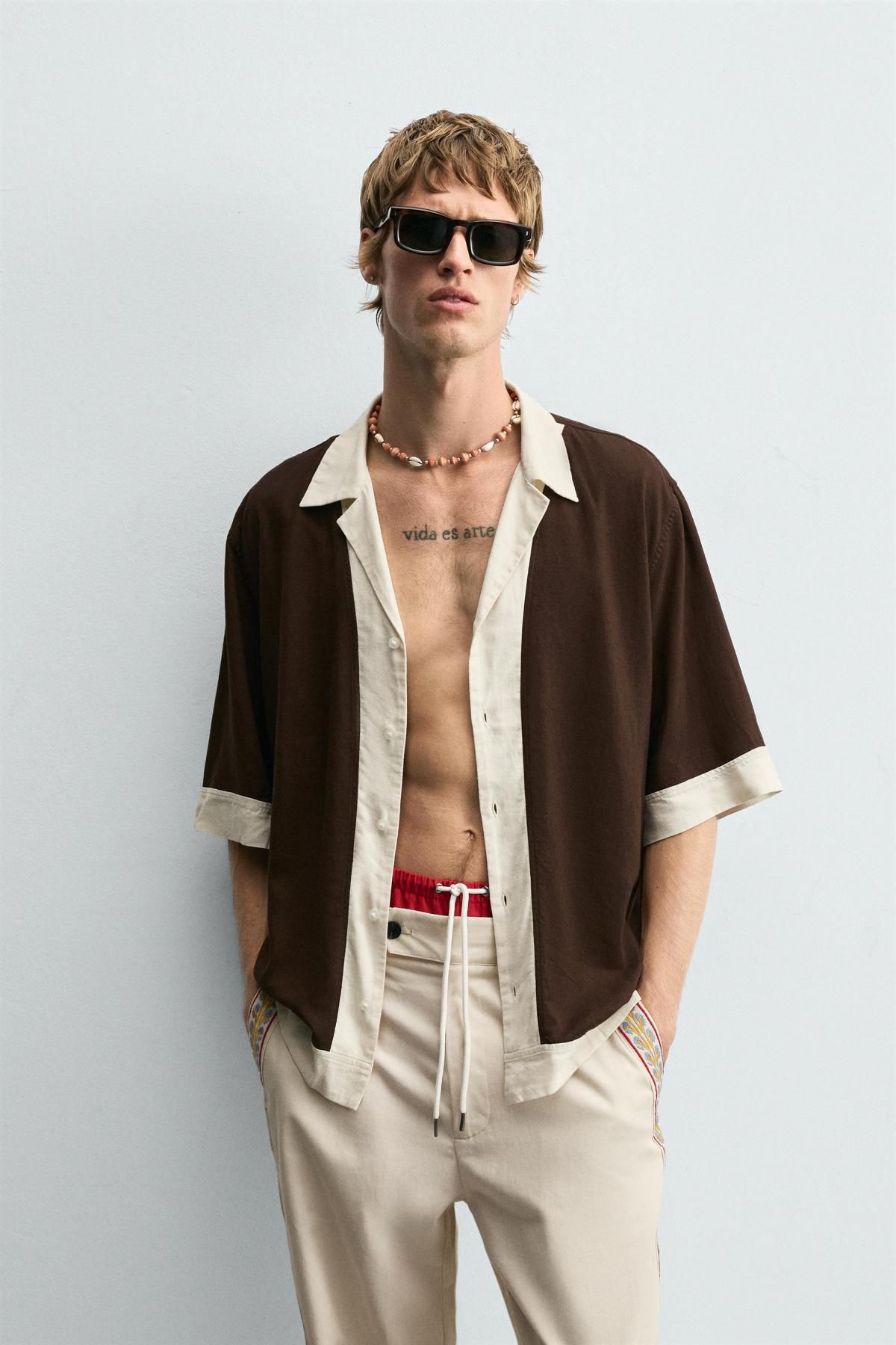 자라 릴렉스핏 비스코스 리넨 컬러블록 반팔 셔츠 1195/406 BROWN - 상세 이미지 3