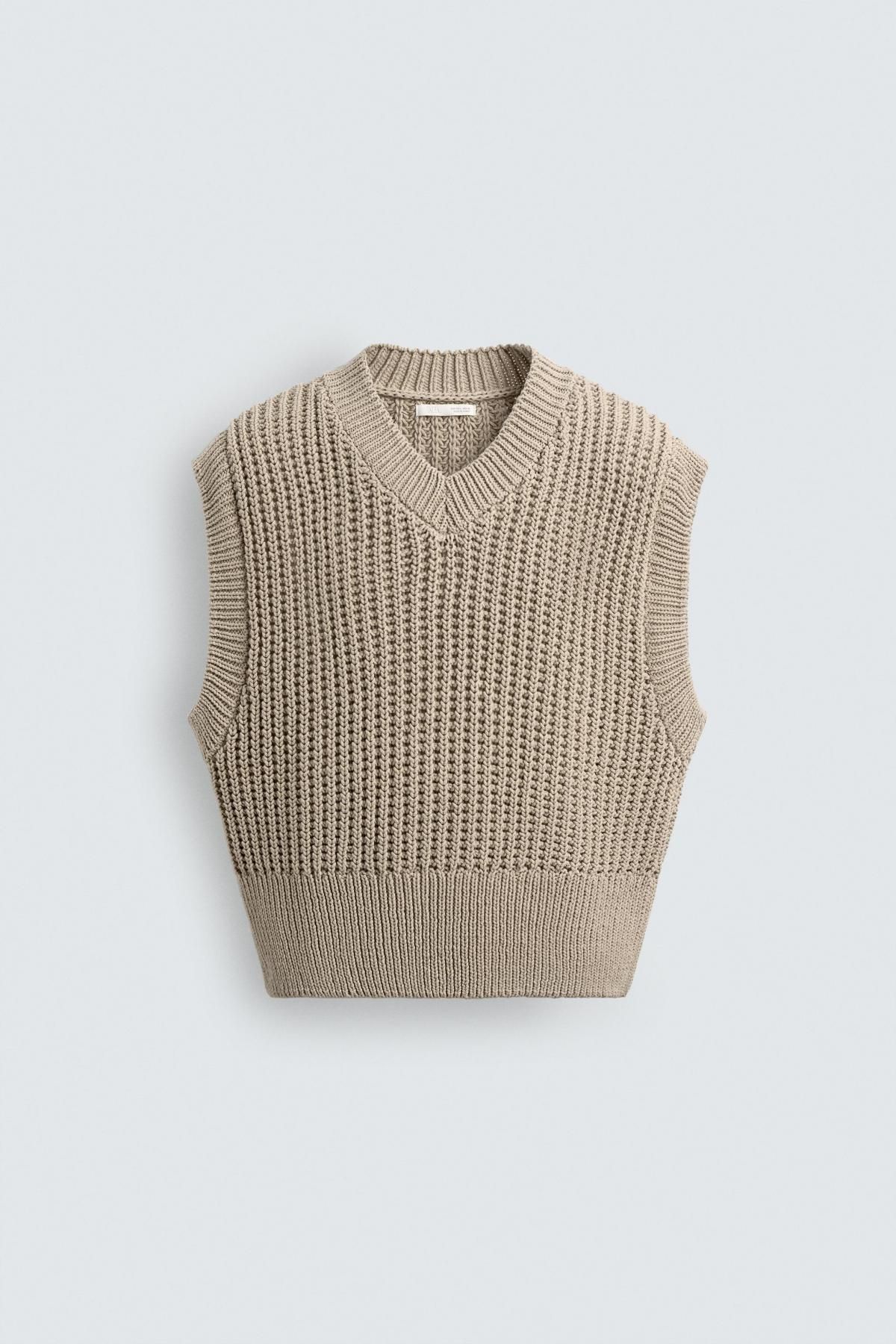 자라 박시핏 코튼 니트 브이넥 베스트 3003/308 BEIGE - 상품 이미지